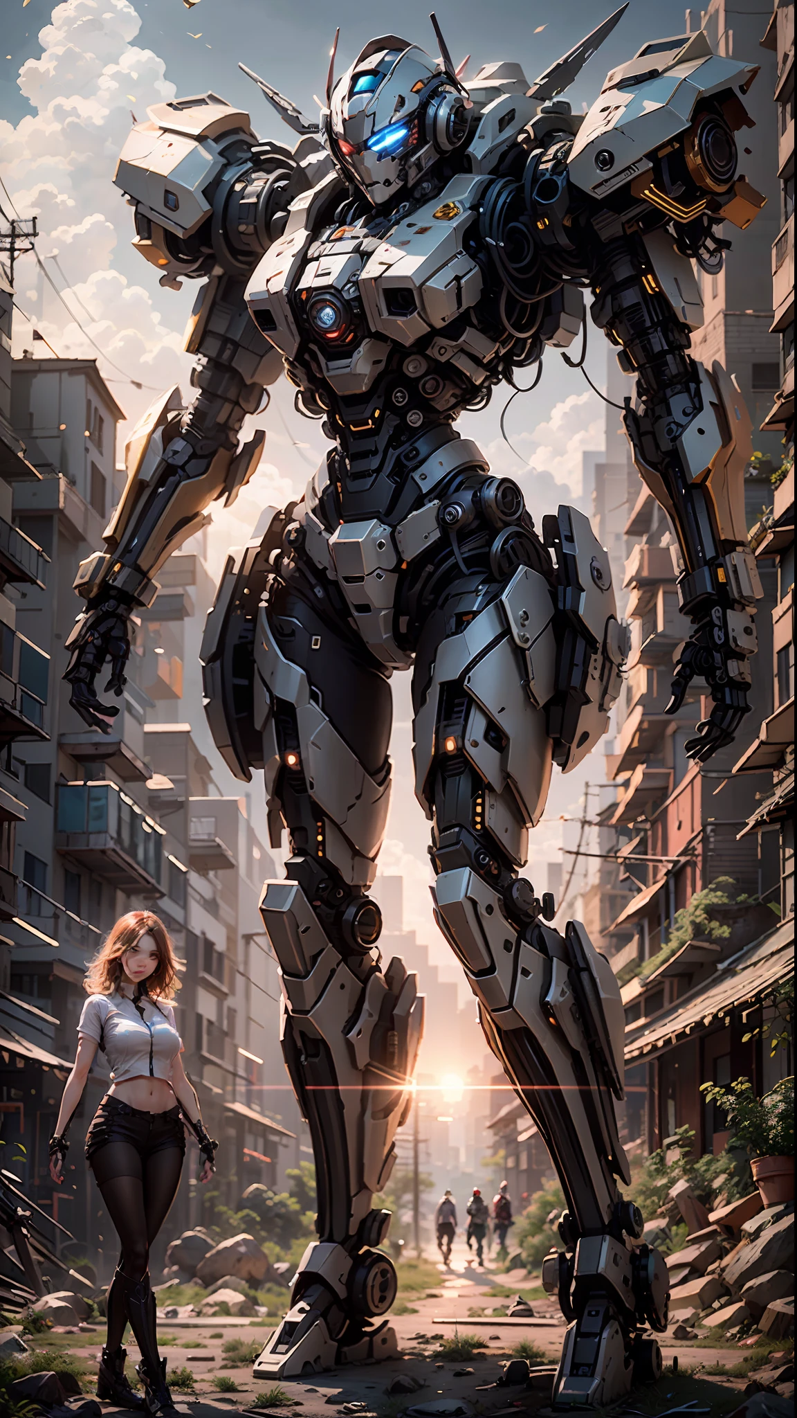 ((Best Quality)), ((Masterpiece)), (Very Detailed:1.3), 3D, Shitu-mecha, Beautiful cyberpunk woman with her pink mech in the ruins of a city in the forgotten war, Ancient technology, HDR (High Dynamic Range), ray tracing, NVIDIA RTX, super resolution, unreal 5, subsurface scattering, PBR texture, post-processing, anisotropic filtering, depth of field, maximum sharpness and sharpness, multi-layer texture, albedo and highlight maps, surface shading, Accurate simulation of light-material interactions, perfect proportions, octane rendering, duotone lighting, low ISO, white balance, rule of thirds, wide aperture, 8K RAW, efficient sub-pixels, subpixel convolution, luminescent particles, light scattering, Tyndall effect