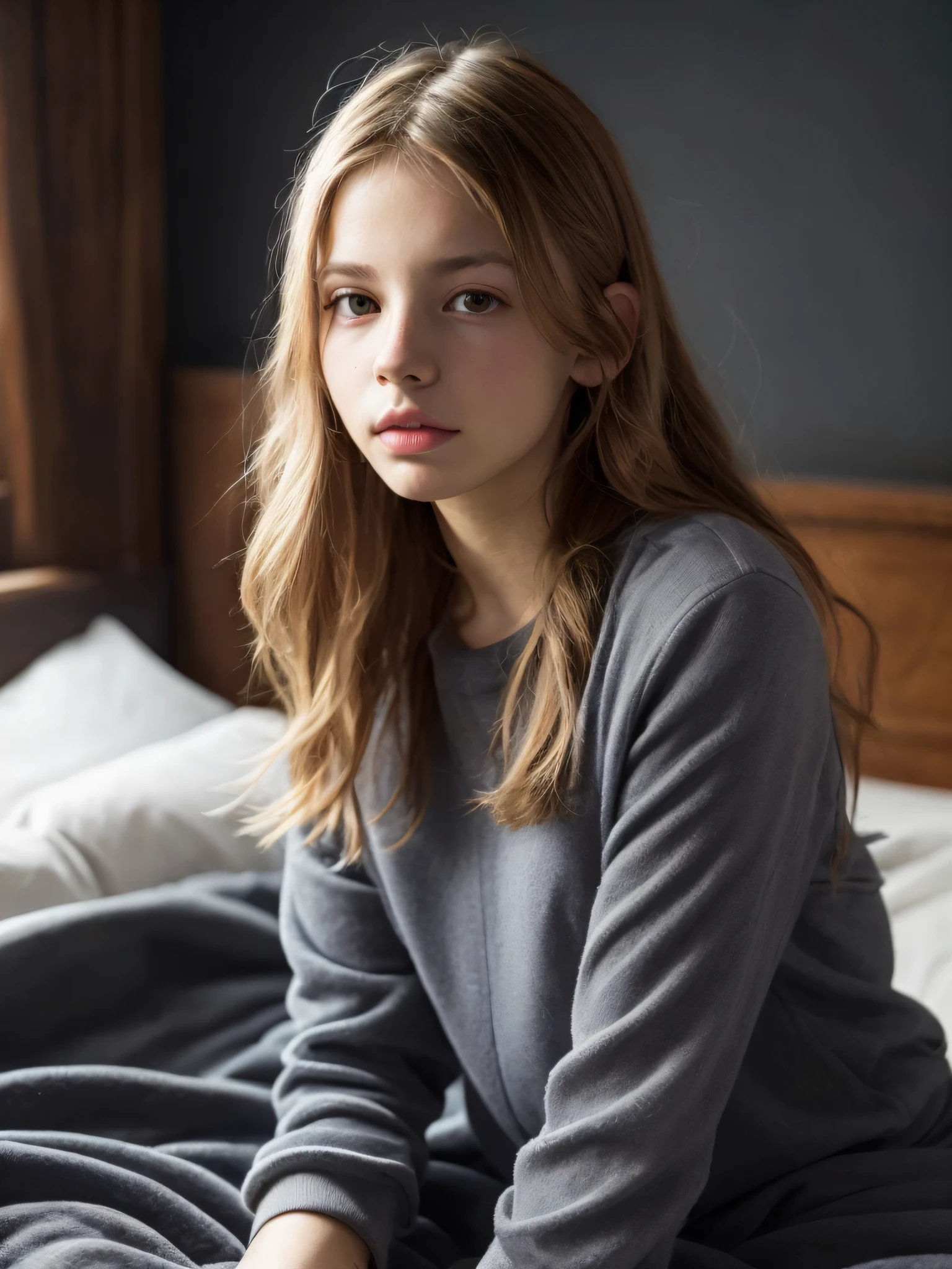 Portrait of an 18 year old cute beautiful perfect face it teen, she is happy, very beautiful Russian, raw, in bed, (dark private study, dark and moody light: 1.2)