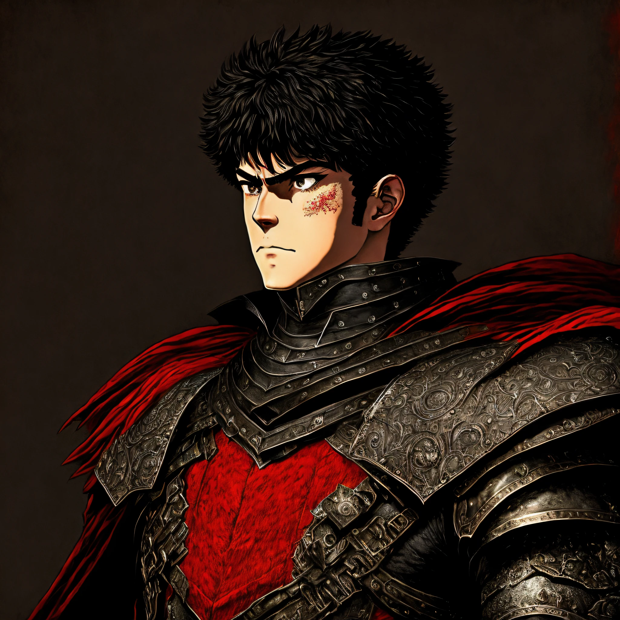 retrato de \(guts de berserk\), Obra maestra, La mejor calidad, One Boy, cabello negro, pelo corto, musculatura, Cicatrices, Ver visor, Capa negra, Gran espada, Cojinete, Fondo simple, fondo rojo, (primer plano:1.1), (Medios tradicionales), Armadura de hombro,berserk
