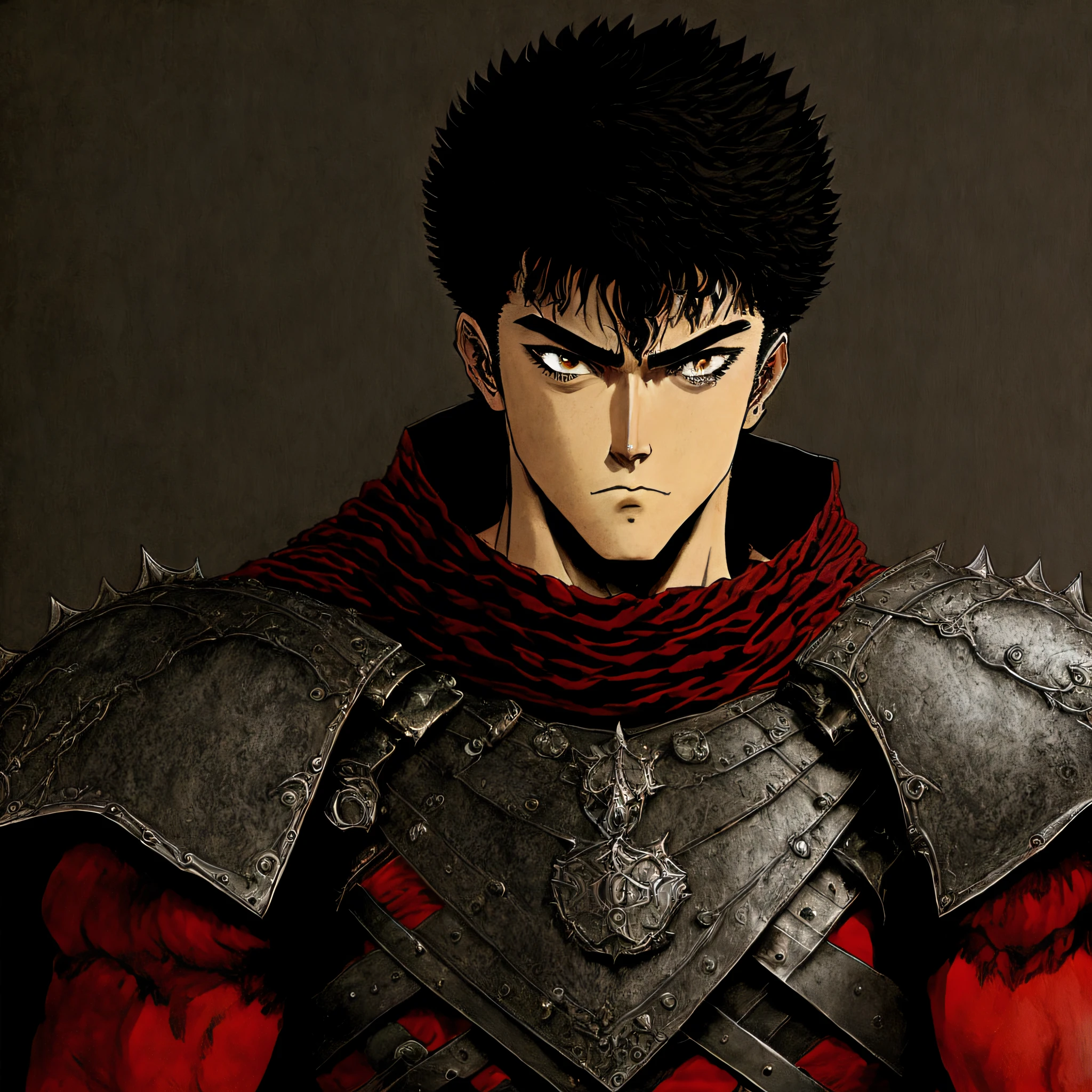 retrato de \(guts de berserk\), Obra maestra, La mejor calidad, One Boy, cabello negro, pelo corto, musculatura, Cicatrices, Ver visor, Capa negra, Gran espada, Cojinete, Fondo simple, fondo rojo, (primer plano:1.1), (Medios tradicionales), Armadura de hombro,berserk