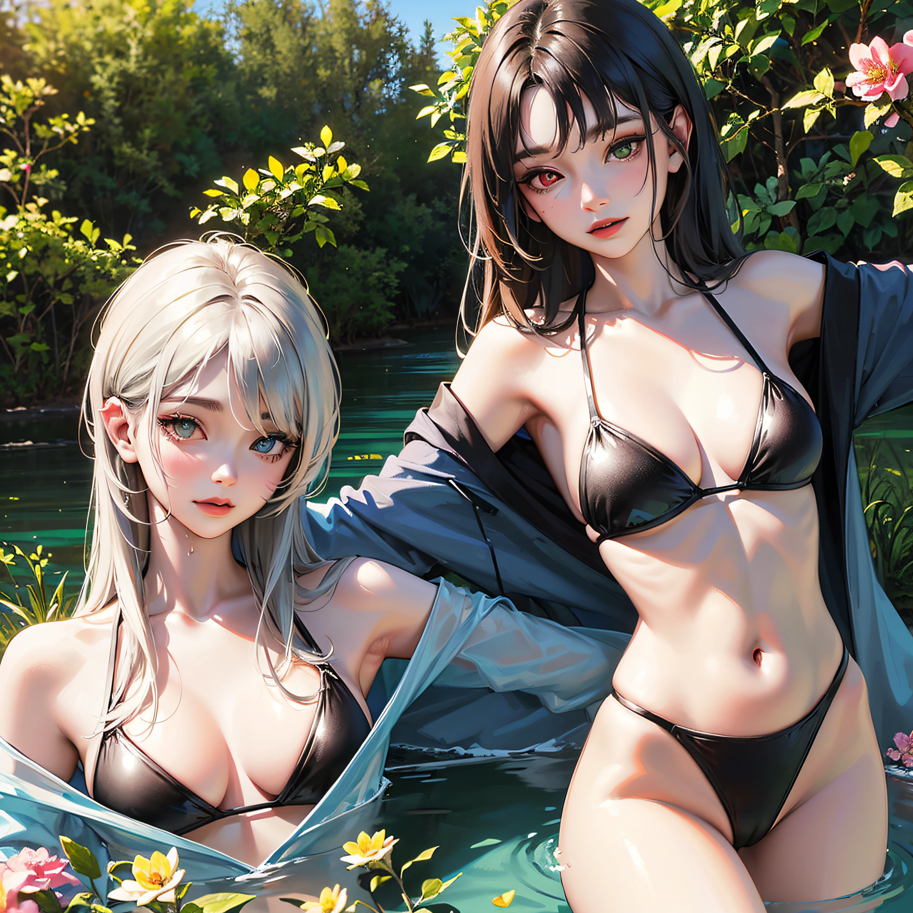 "(realistic girl:1.3), black bikini, wet, eye-catching pose, with a serene lake in the background, surrounded by vibrant flowers and lush meadow, accentuated curves, captivating blue and green heterochromia, seductive pose, visible camel toe." --auto