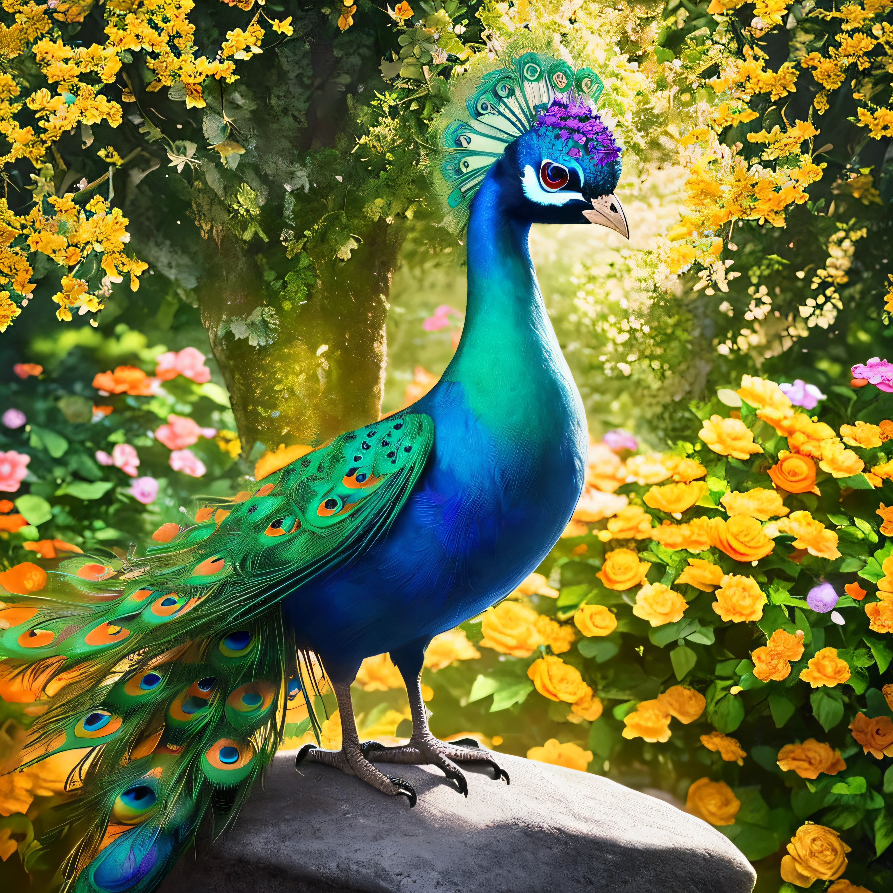A bird standing on a stone, with flowers of various colors blooming next to it. CGI art, red and yellow, super realistic peacock, peacock screen opening, Pinterest, realistic art style, rich colors, artificial intelligence generated images, very detailed portraits, singing for you, amazing rendering