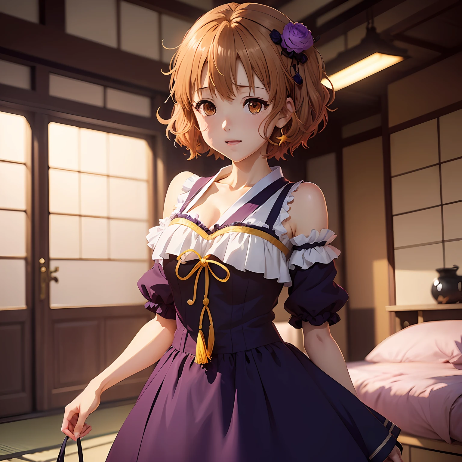 (Ultra-detail、high - resolution、Kyoto Animation Style Anime Illustration、Top Quality Official Art Feature:1.6)、BREAK、1woman ,Honeyed golden hair、Glitter、Purple eyes、short stature、Good at exercise、yandere --auto