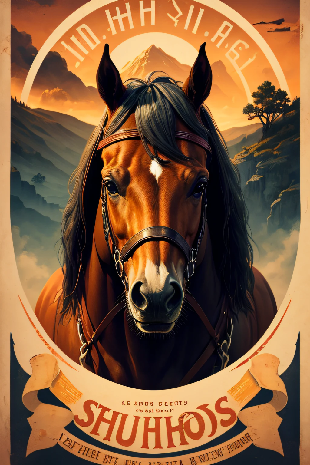 Logo on horse's head, silhuetas, Wild West Stile, Estilos de Cowboy, moldura redonda, Wordless poster
