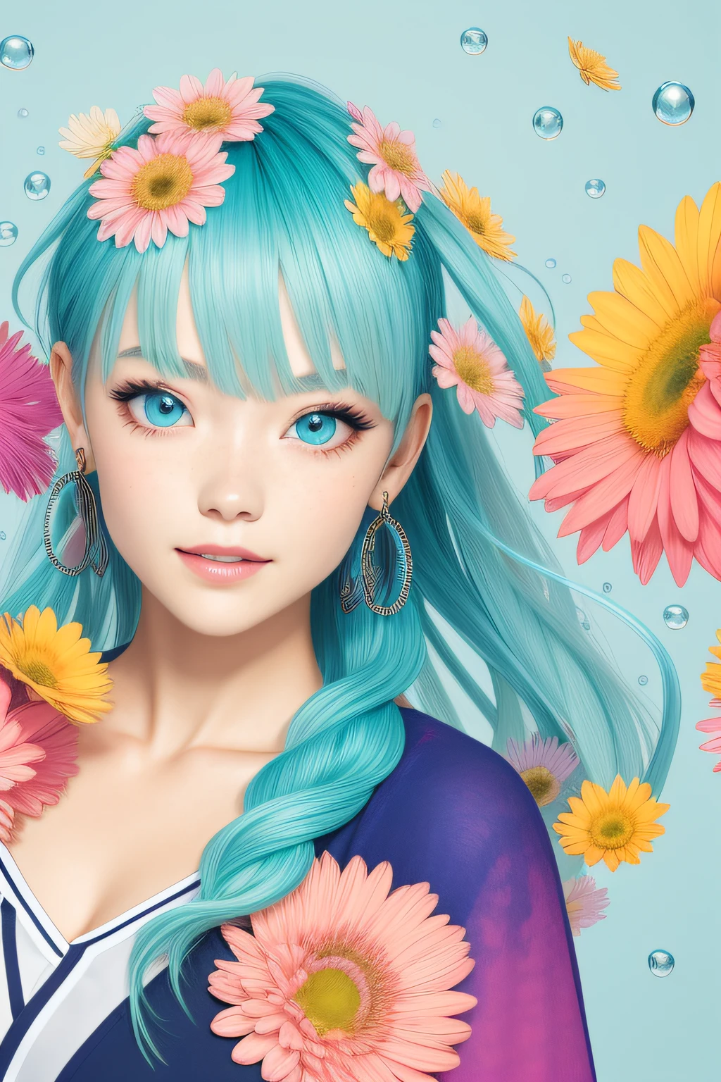 (masterpiece), (best quality), (ultra detailed),(disheveled hair),(illustration), (1girl), (Fashionable clothing), standing, Fashion model, looking at viewer, (interview), (simple background),beautiful detailed eyes, delicate beautiful face, Floating,(high saturation),(colorful splashes),colorful bubble,(shining), focus on face, ponytail, kamisato ayaka, light blue hair, bangs, hair ring, floating flowers, floating hairs, (shining), best lighting, best shadow,