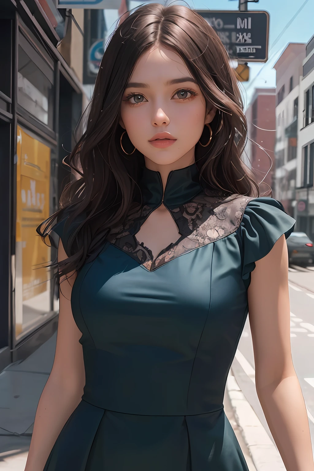 Uma obra-prima, of the highest quality, ultra-detalhada com um mural CG Unity 8k, featuring a gorgeous black woman with wavy, long brown hair, vestindo um elegante vestido preto. Adicione o clima e a atmosfera precisos para destacar a beleza da figura, with enhanced lights and shadows and a background that makes up a standout backdrop.