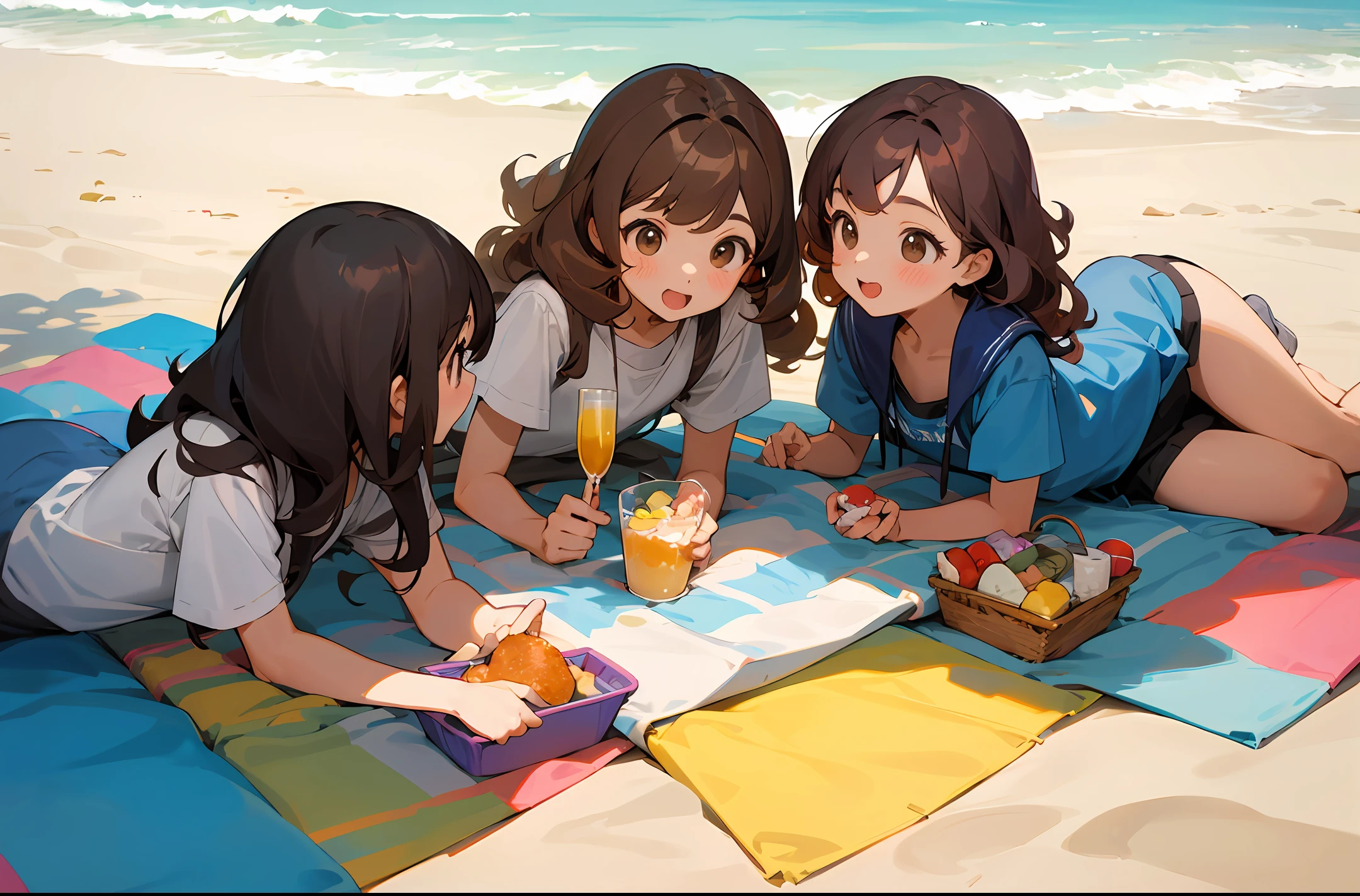 Two cute  girls，Long, curly brown hair，Have a picnic on the beach, o cachorrinho