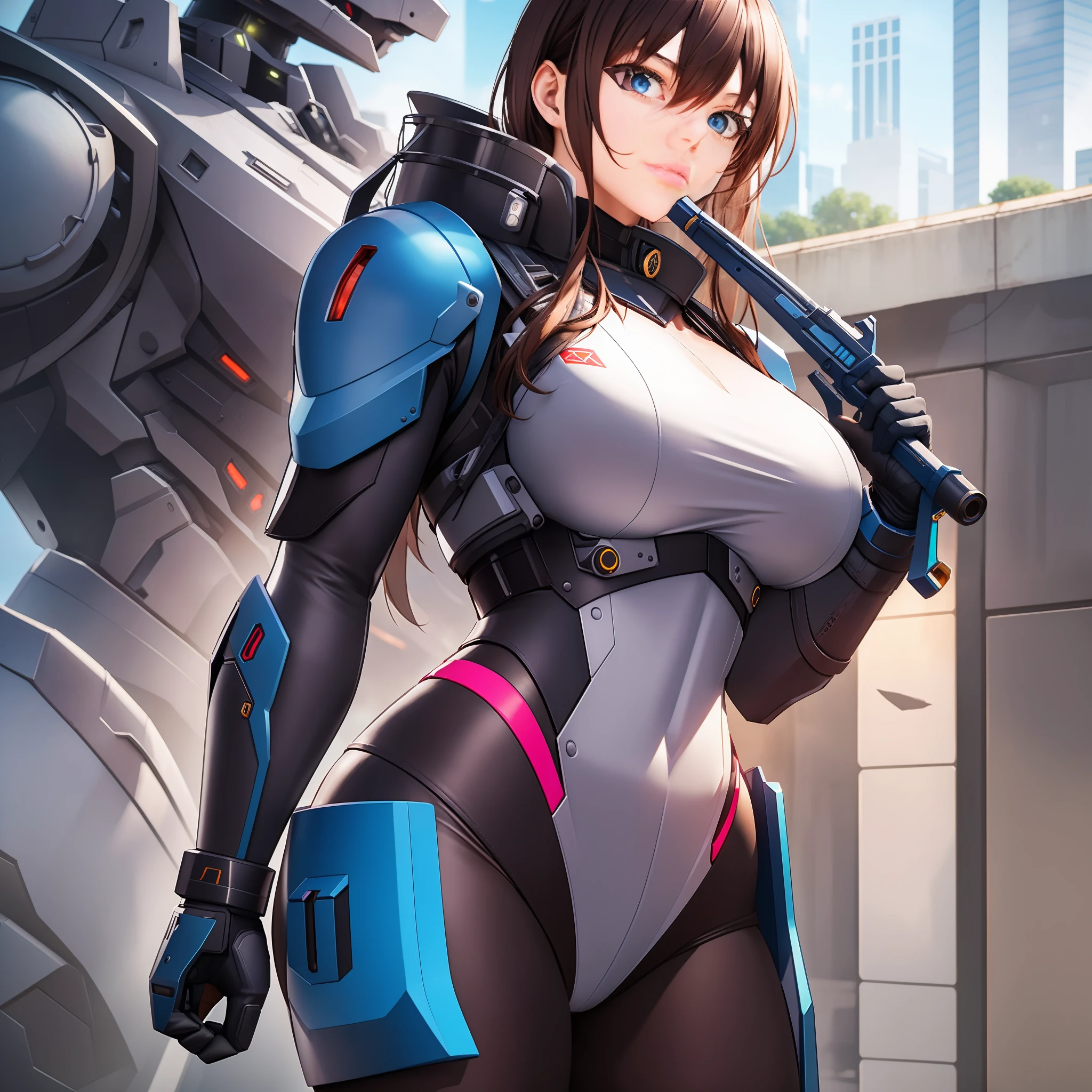 OriginalPhotographs,ultra realistis,(The Masterpiece,8K UHD,hdr,Extremely-Detailed,complicated detail,best qulaity,proffesional,Bright color),Third Person View,a girl,handheld weapon,In the background is a large mech guarding her,