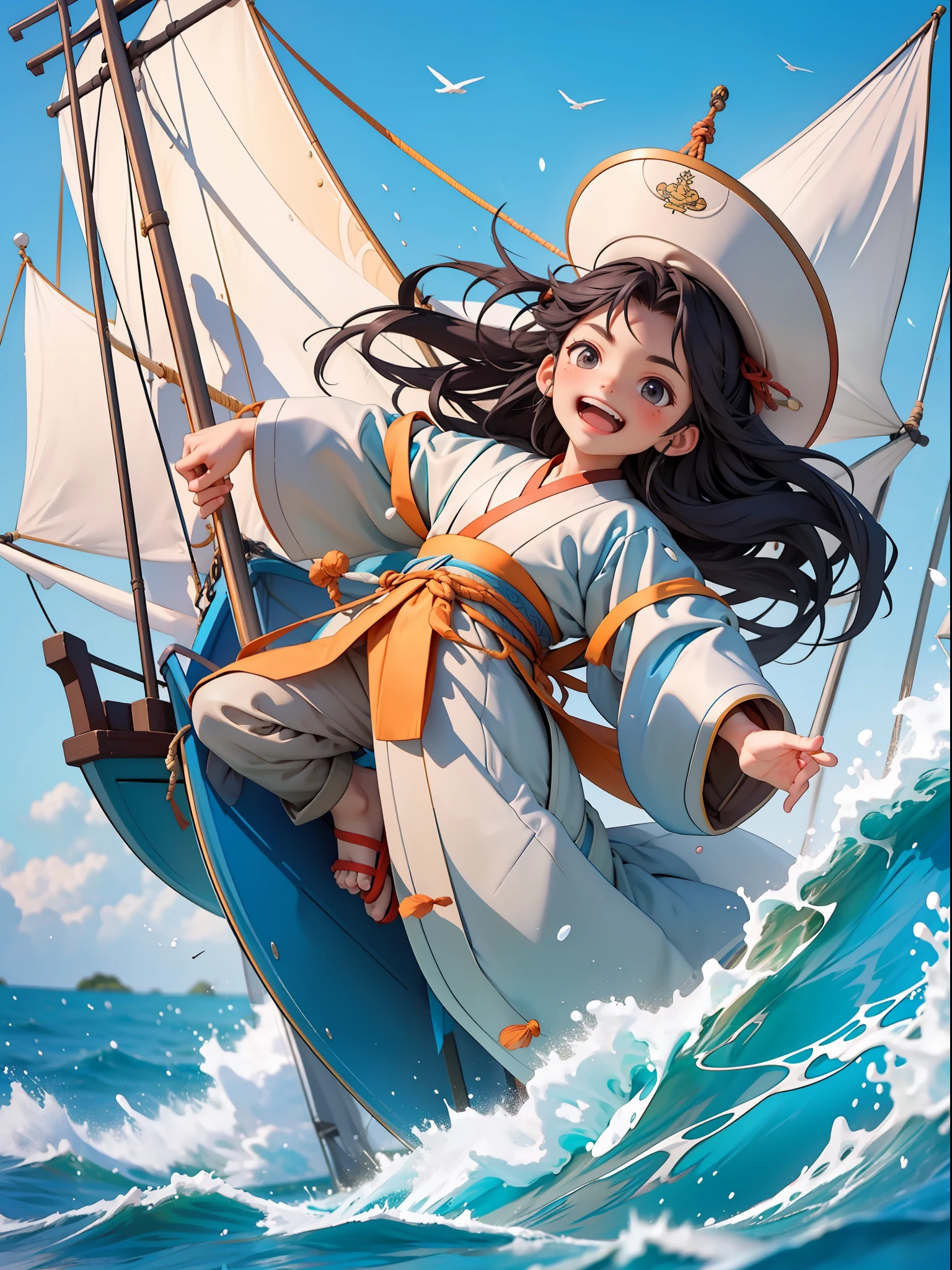 chibi:1.3,A masculine surfing on a sea sailboat,sailing ship,Blue sea,black long hair,White Hanfu,Open your mouth and laugh