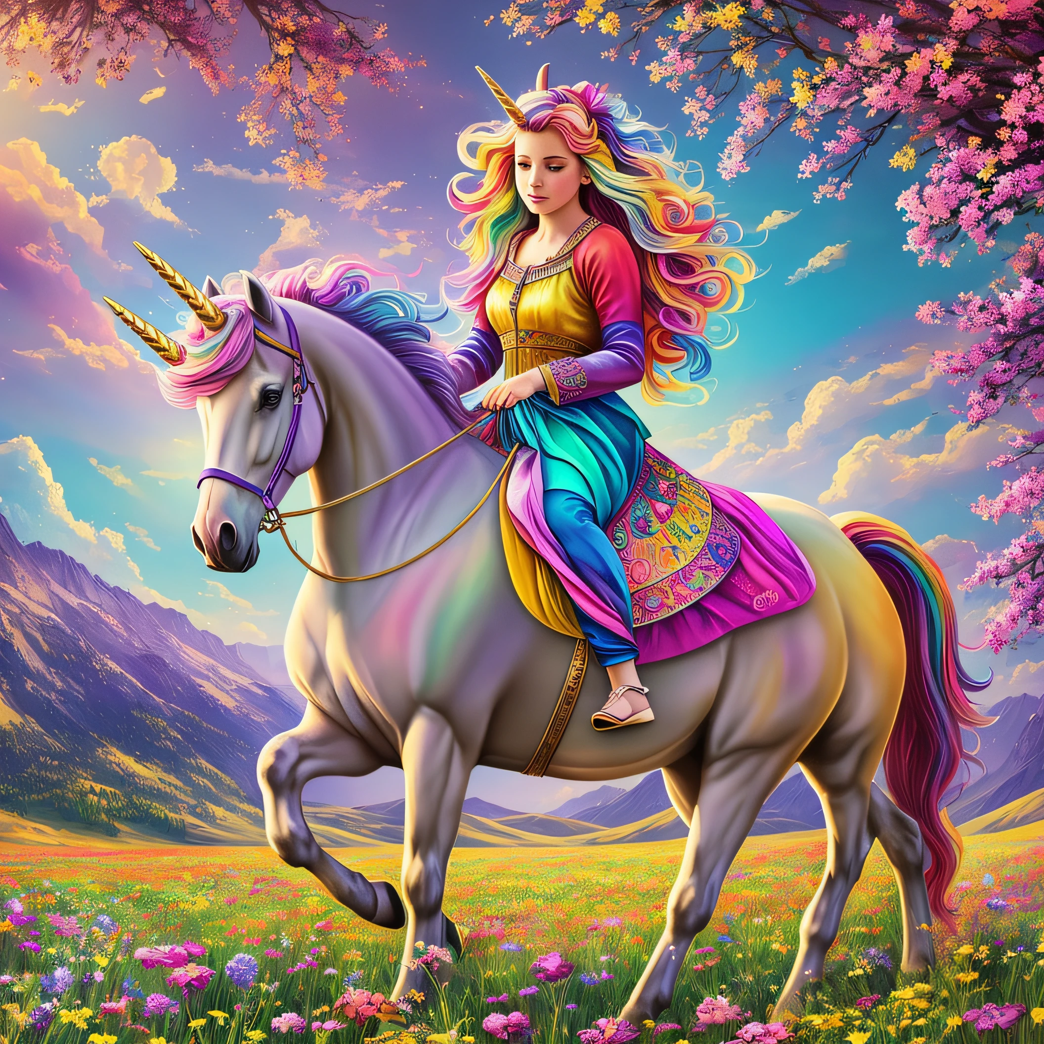 foto (estilo FlowerGateway:1)Imagine a magical garden where flowers glow in the dark and butterflies have rainbow wings, obra-prima, melhor qualidade, alta qualidade, Scene of Princess Valentina meeting the Rainbow Unicorn for the first time. A imagem pode mostrar Valentina em um jardim encantado, with the wounded unicorn by his side. They are surrounded by colorful flowers and a magical atmosphere.