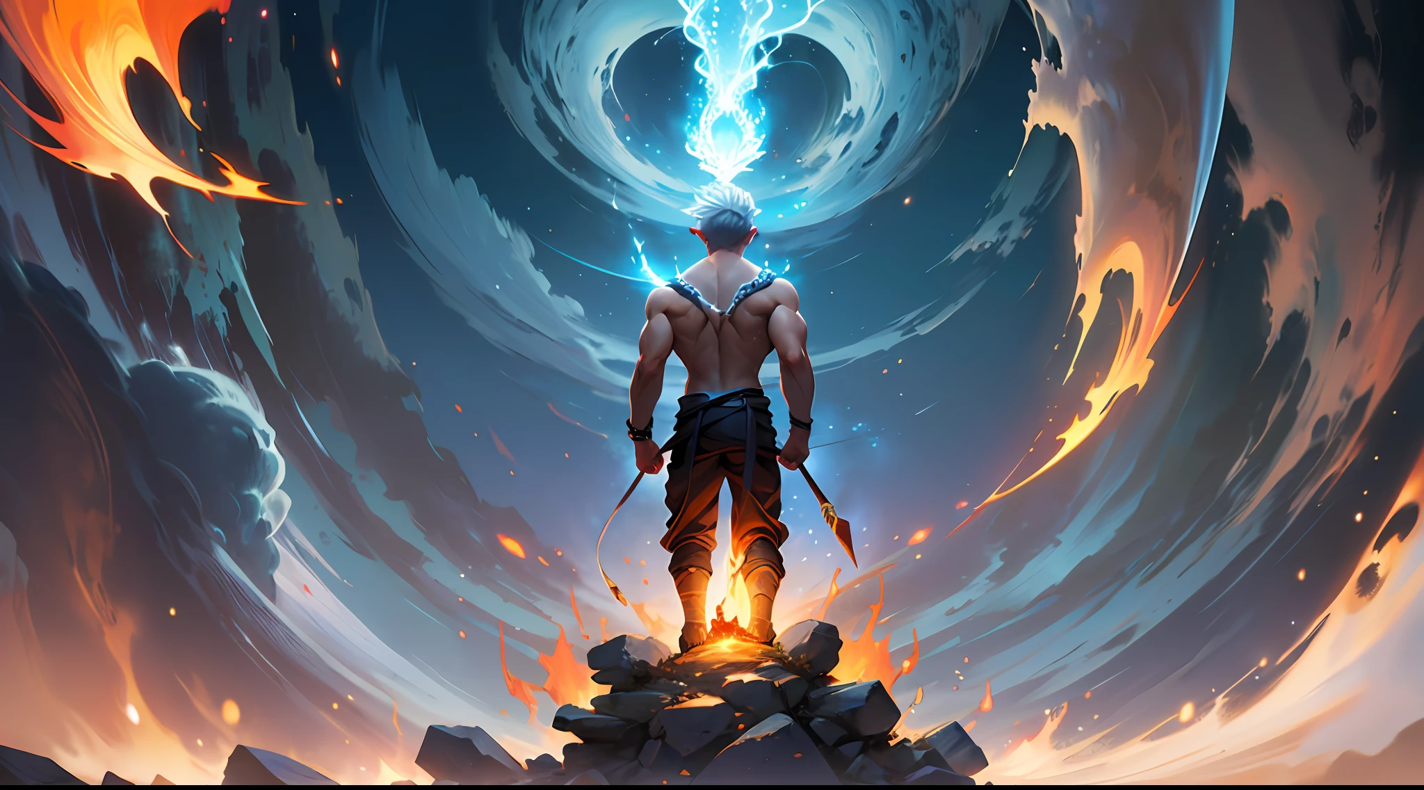 (Greek god from behind, small in the center of the image, Zeus, cabelos longos, corpo esculpido, pequeno ao centro da imagem) (fire emanating from a torch in his hand)