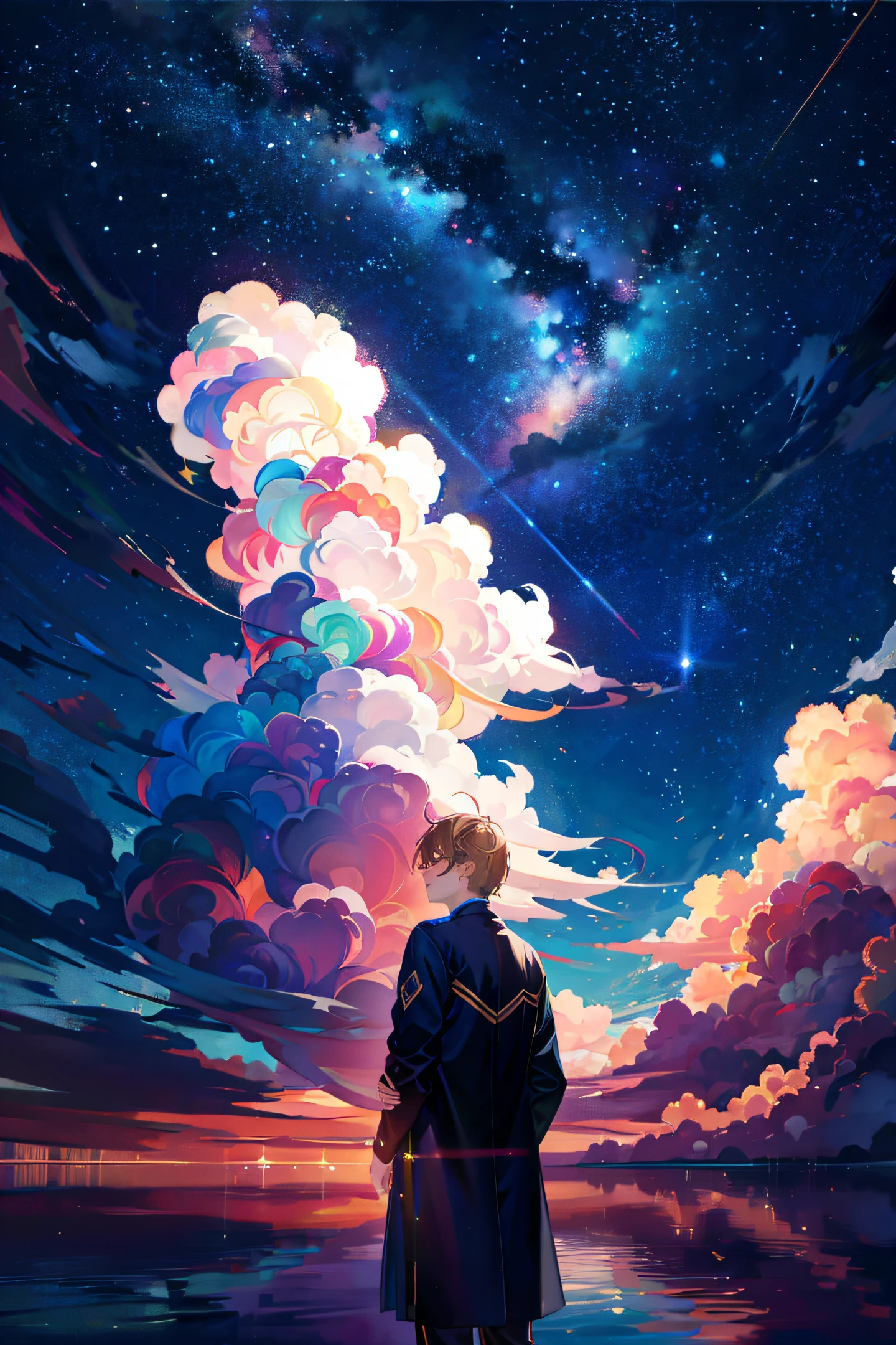 masterpiece, best quality, 1boy, clouds, starry, sky, colorful