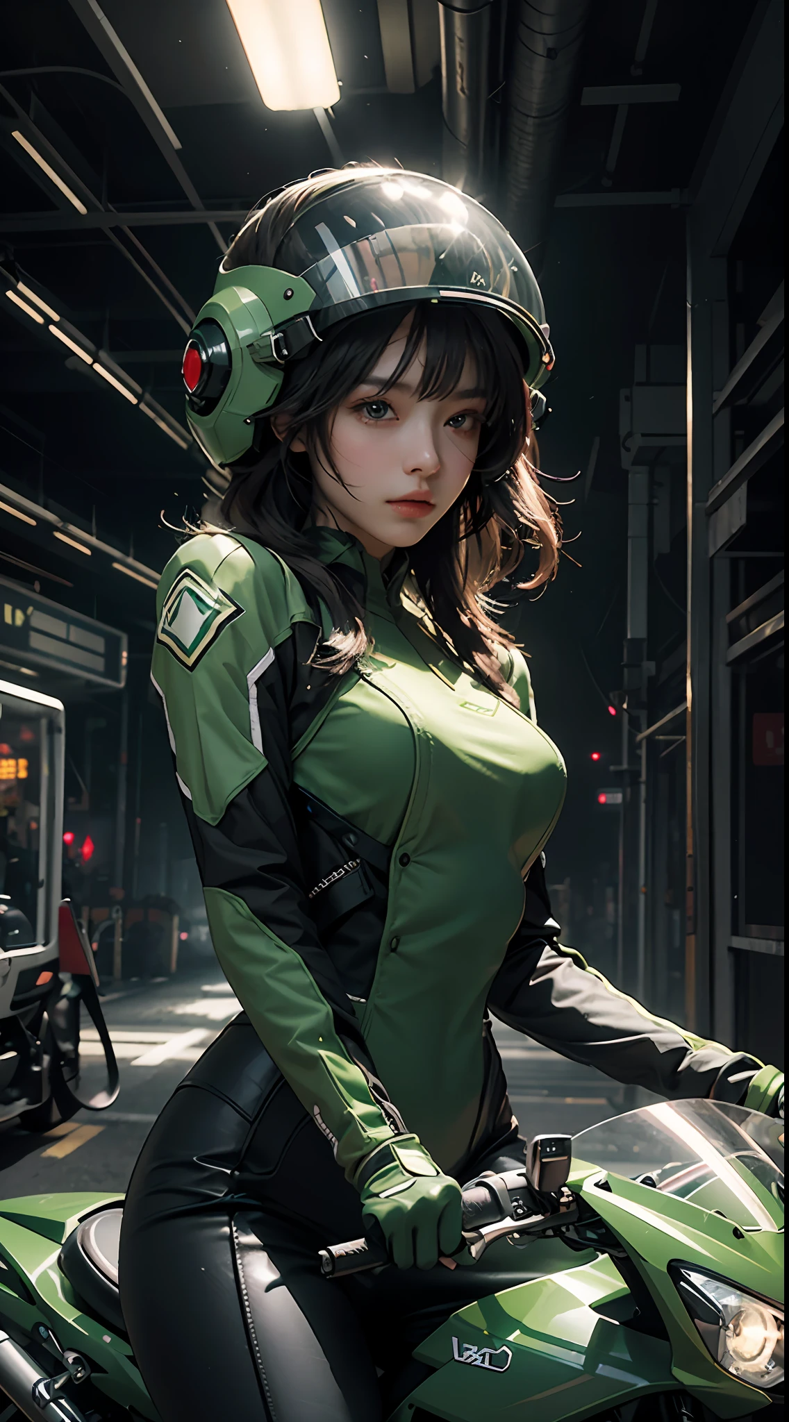 Highest image quality, outstanding details, ultra-high resolution, (realism: 1.4), the best illustration, favor details, highly condensed 1girl, with a delicate and beautiful face, dressed in a black and green mecha, wearing a mecha helmet, holding a directional controller, riding on a motorcycle, the background is a high-tech lighting scene of the future city.