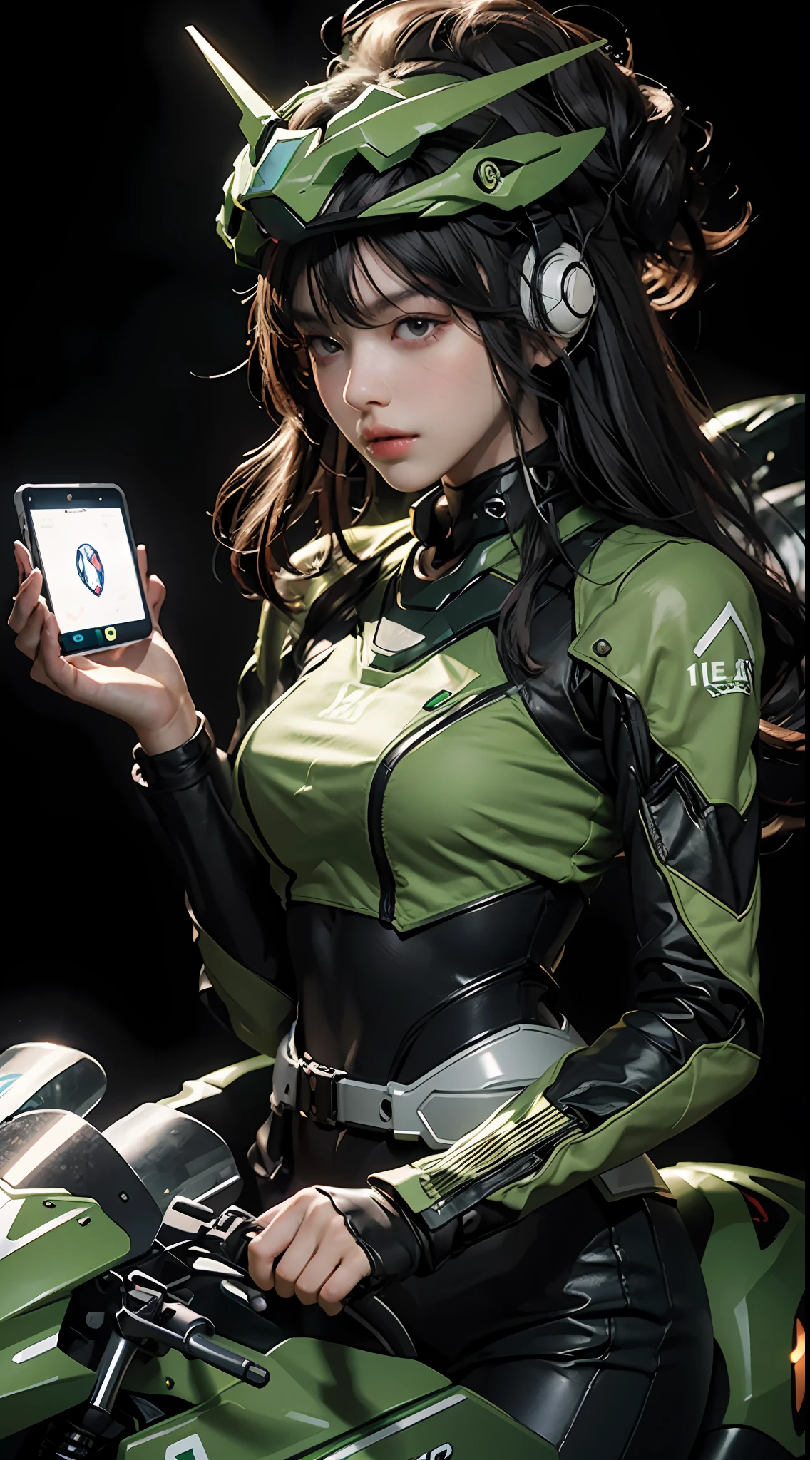 Highest image quality, outstanding details, ultra-high resolution, (realism: 1.4), the best illustration, favor details, highly condensed 1girl, with a delicate and beautiful face, dressed in a black and green mecha, wearing a mecha helmet, holding a directional controller, riding on a motorcycle, the background is a high-tech lighting scene of the future city.