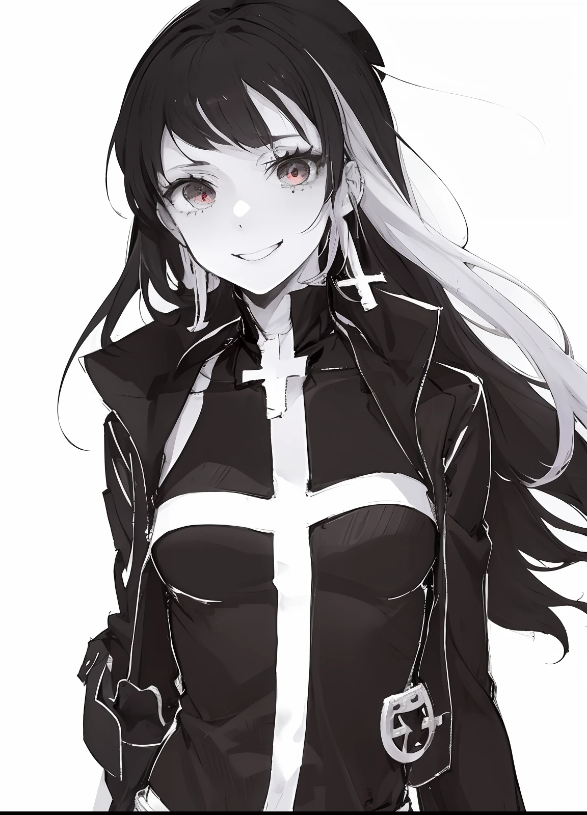 a drawing of a woman with long hair and a cross on her chest, 1 7 - year - old anime goth girl, albedo from the anime overlord, albedo from overlord, portrait knights of zodiac girl, by Jin Homura, high quality colored sketch, by Kamisaka Sekka, killy from blame!, Anime character, nico robin