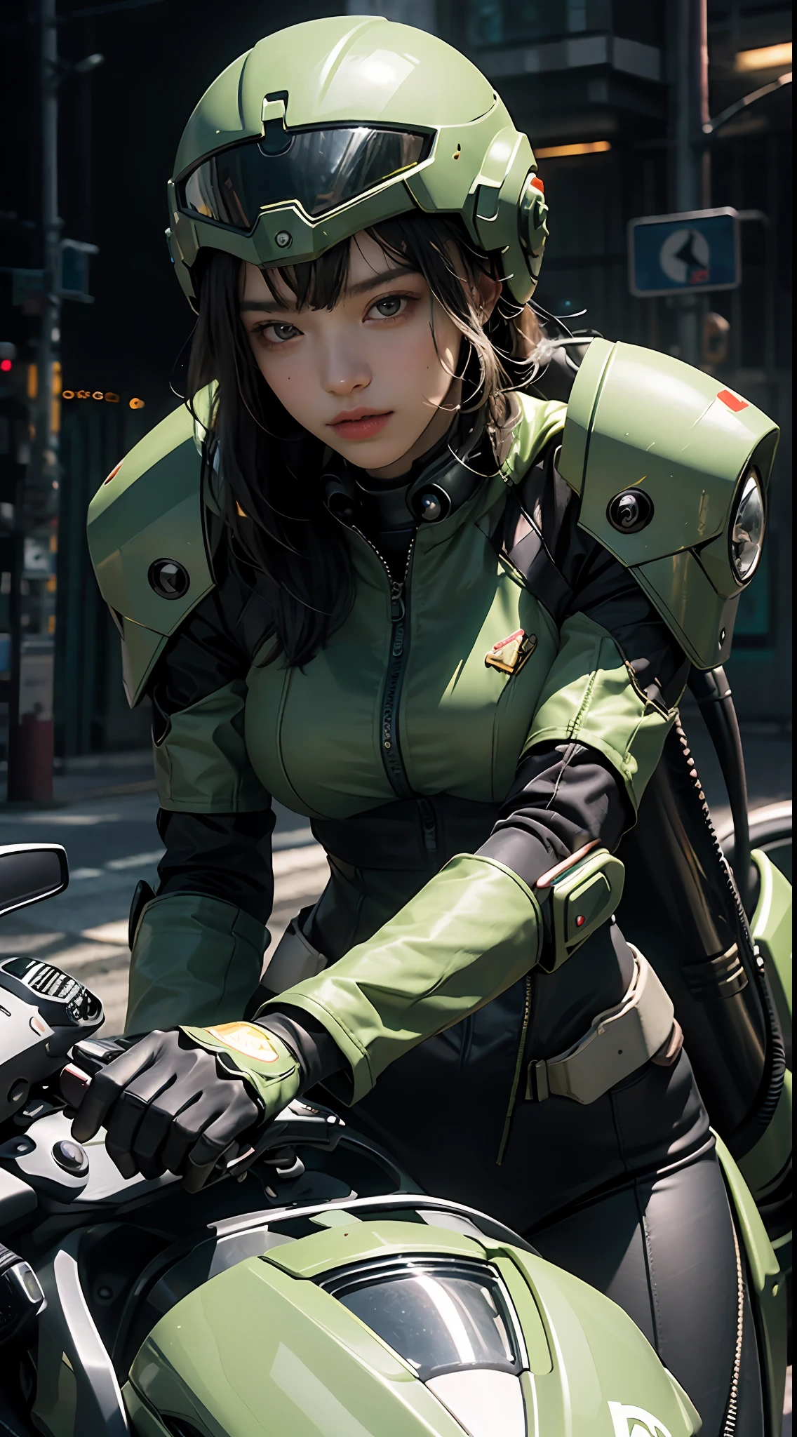 Highest image quality, outstanding details, ultra-high resolution, (realism: 1.4), the best illustration, favor details, highly condensed 1girl, with a delicate and beautiful face, dressed in a black and green mecha, wearing a mecha helmet, holding a directional controller, riding on a motorcycle, the background is a high-tech lighting scene of the future city.