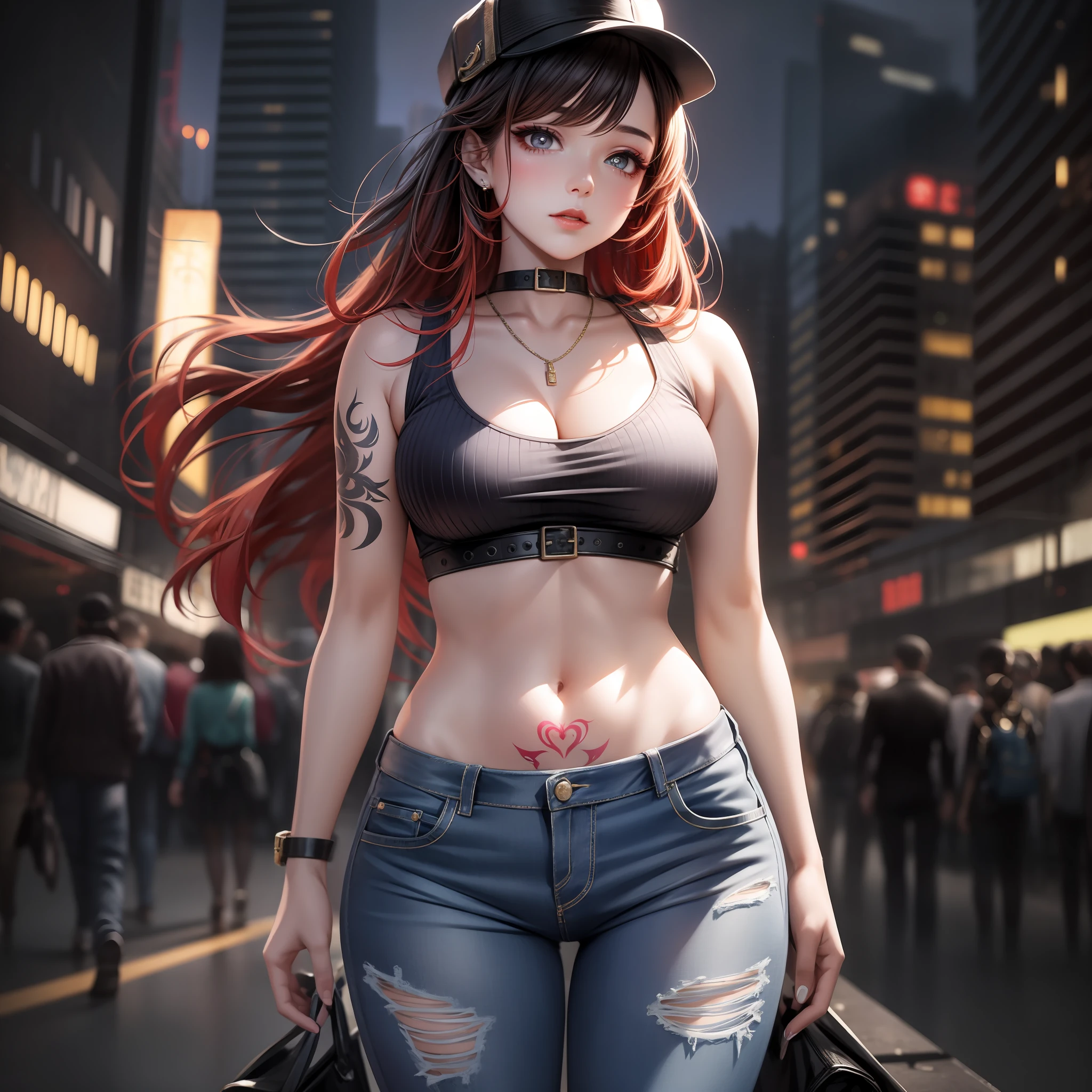 Bustling metropolis,A beautiful girl high school student,With a hat on,The Masterpiece,Light makeup,Flaming red lips,very long flowing hair。super fine details,masterece-piece,Authentic texture,Cinematic lighting realism,perfect works,8K,high-definition,Delicate facial features。Fitted T-shirt,skinny jeans,Pear-shaped body。Rounded buttocks,Slender little man's waist,Sexy,Vest line,fcollarbone,large bright eyes,Smooth skin,eardrop,tattooed,Short cute beautiful legs。A beautiful and delicate cherry small mouth。Perfect waist-hip ratio。Peerless looks,Beauty in the world,The country is beautiful。