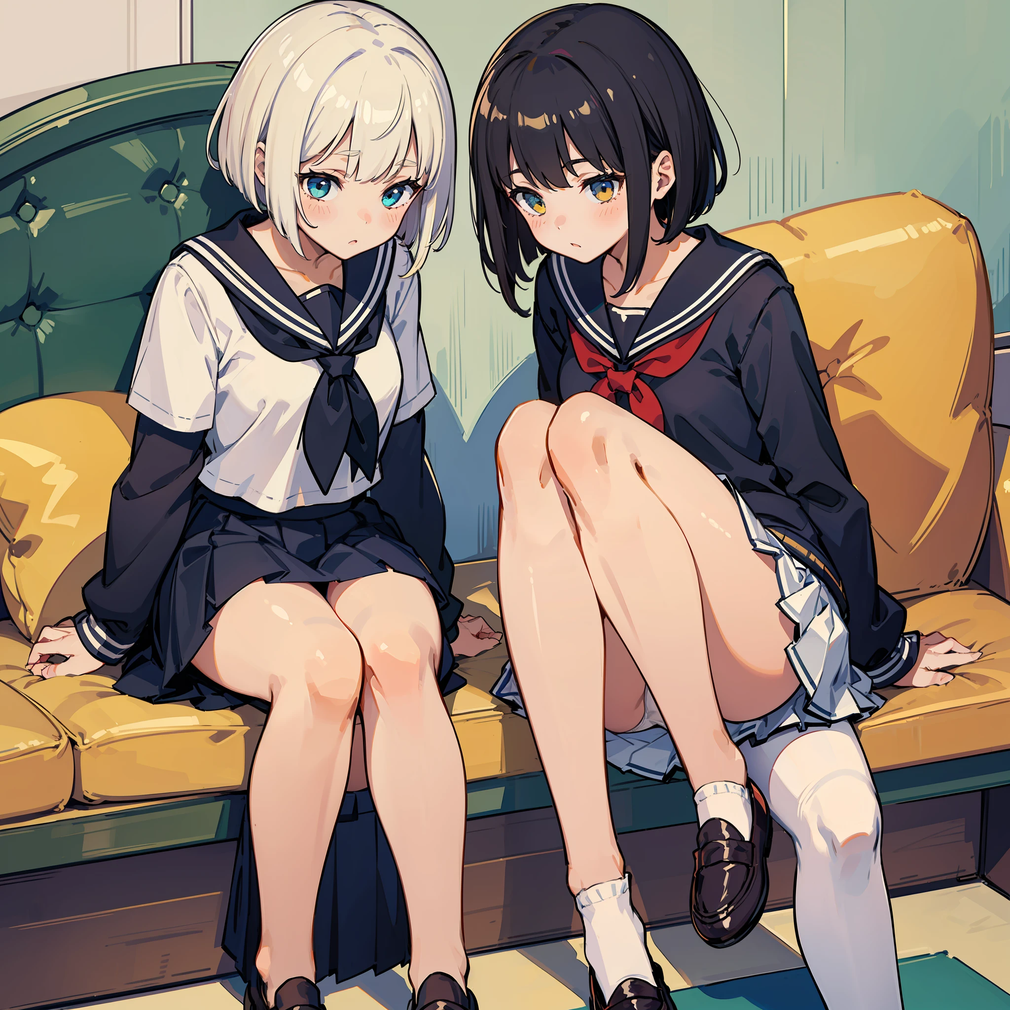 two girl Longhaire、Short Bob、sailor clothing、blazers、skirts、loafers、Half-undressed、White panties、Skirt to roll up、Panchira、Mileland、sit ch、M-shaped legs