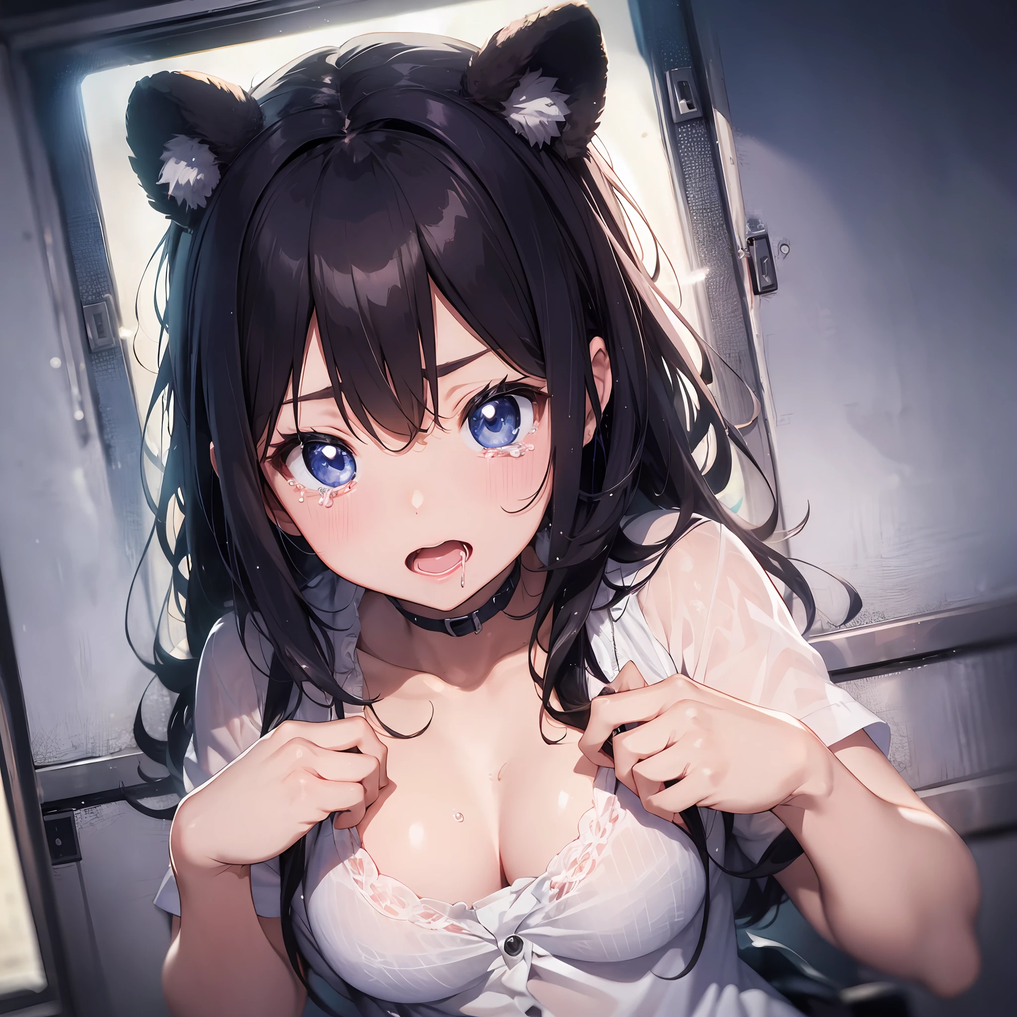 Wiping tears with your hands、Crying a lot、Abundant tears、drooling、thick eyebrows、(darkskin:1.3)、Movie lighting、small tits、Bear ears、(masterece-piece)、((beste Quality))、(超detailded)、shinny skin、Full Body Anime Girl、detailed anime face、Five fingers、textile shading、The perfect human structure、flawless anatomy、