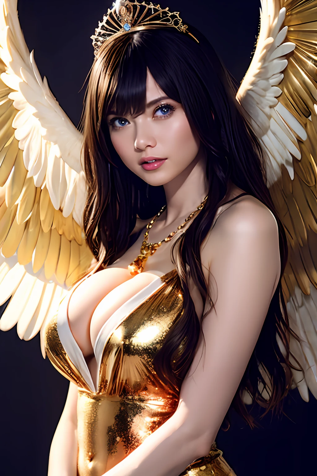 Ultra-detailed complex 3D rendering of the face, (Colossal: 8.8), (masterpiece, top quality, octane rendering, 8K), glamour shot full body image, cleavage, (highly detailed skin: 1.2), (exposure: 1.1), (blonde), (wearing a plummet tank top of gold silk: 1.5)), brown hair, one, long braided hair, big breasts, dynamic angle, mystical expression, Ultra-realistic photos, ((portrait)))), bare feet, futuristic city background, facial muscles, detailed and beautiful queen tiara, in the style of Marvel Comics, clear focus, studio photography, intricate detail, highly detailed, detailed yellow eyes, sharp focus, digital rendering, professional, abs, ((((sexy pose)))), natural jungle, Lightly open mouth, mansuji, crotch, seductive expression, angel ring, detailed angel wings, angel ring, detailed and clean mouth, detailed jewelry necklace, perfect body beauty: 1.4, shining light particles, buttocks, beautiful legs, very ridiculous,