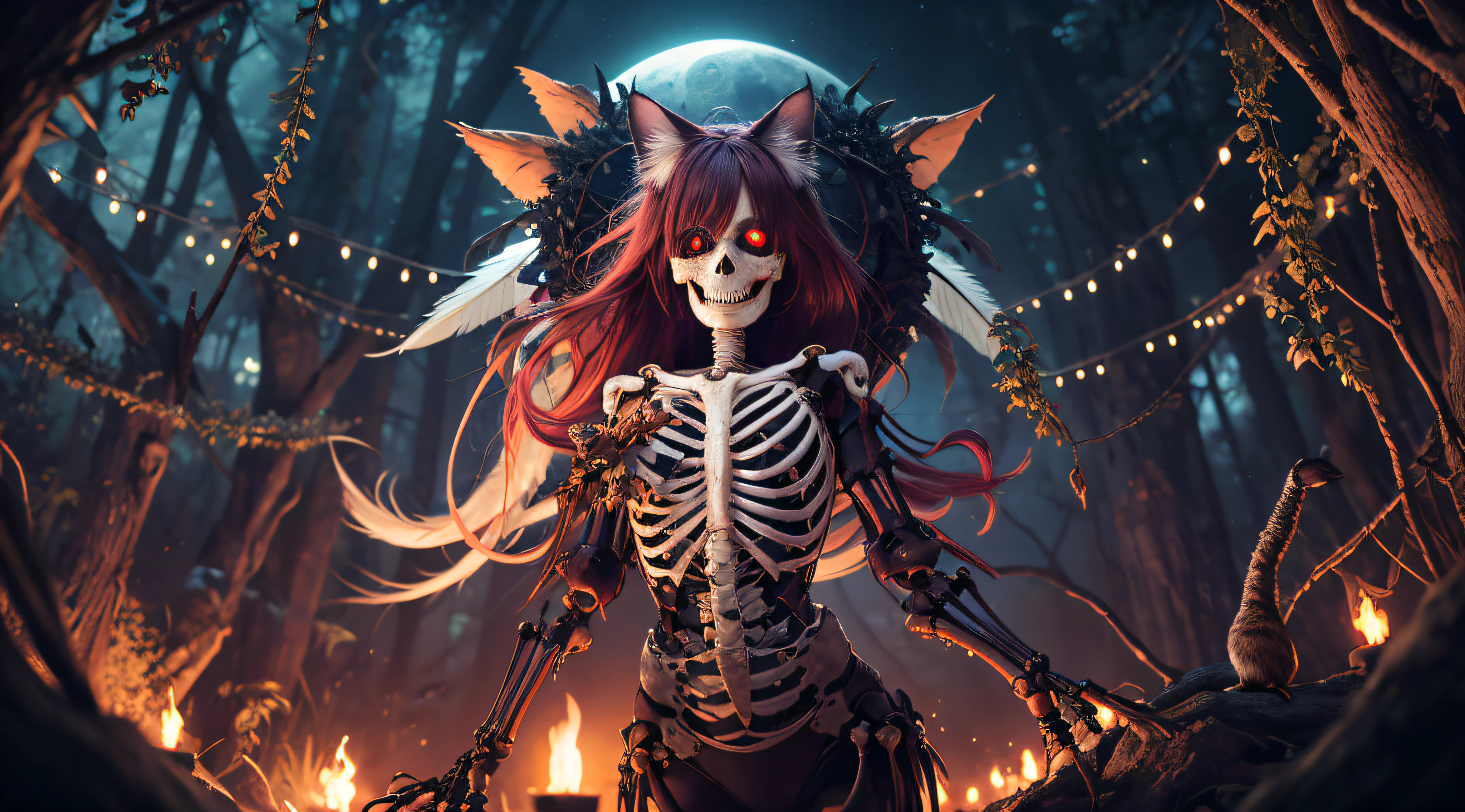 scary, naked tree, tree, branch, forest, teeth, plant, monster girl alone, nature, woman's body with sharp teeth, skull face, cat ears, big round and red eyes, open chest with bones appearing, soil, checkered, horror \(theme\), outdoors, looking at the viewer, mouth open, breathtaking eyes, skeleton, bright eyes, palm, leaf, feathers, feathers, feminine focus, animal, vines, fangs, gothic, darkness, night,