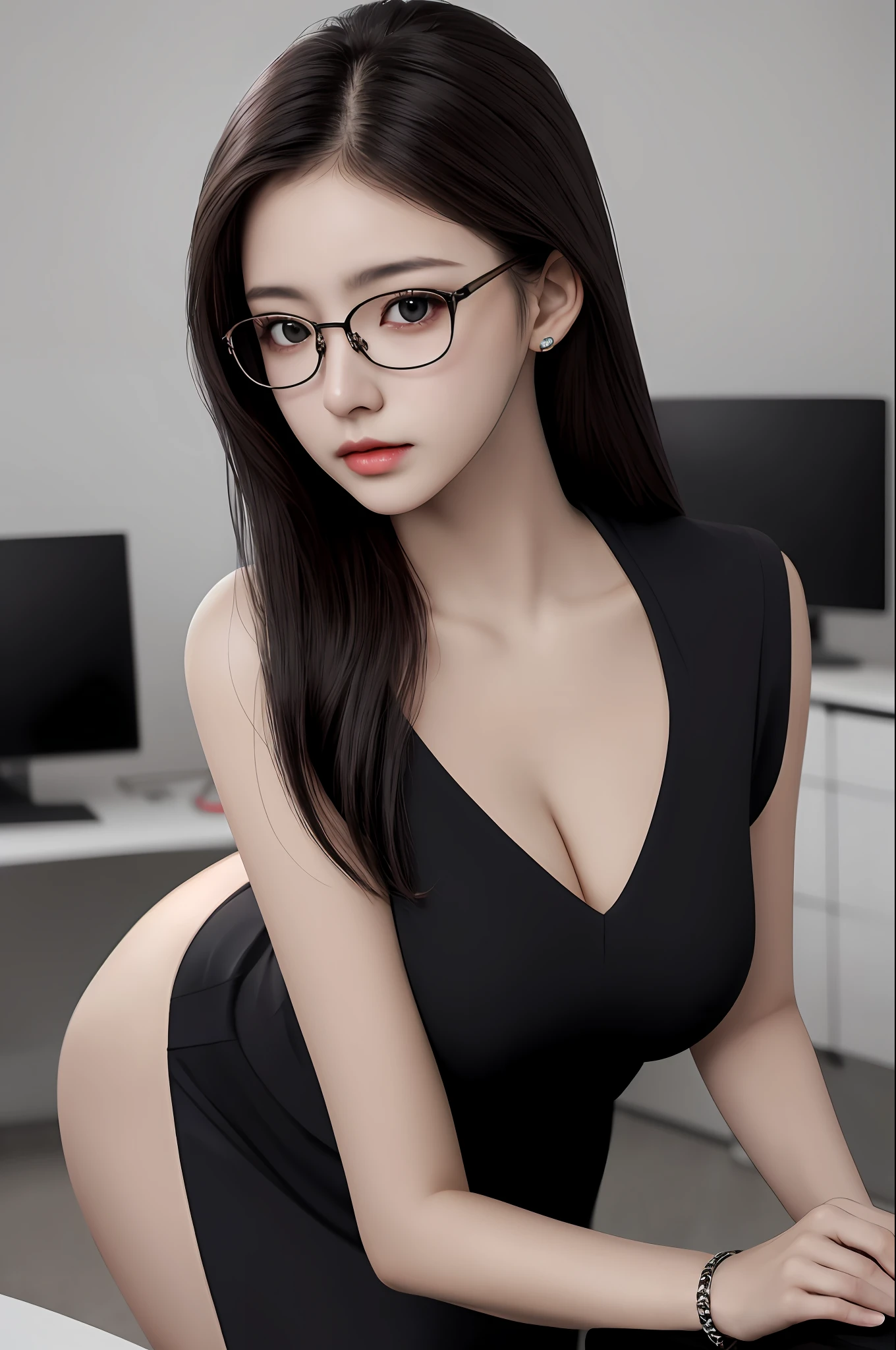 Best quality, masterpiece, photorealistic:1.37, ultra high res, 8K raw photo, 1girl, 19 years old, korean, glasses, beautifull face, beautifull eyes, long hair, black hair, medium breast, secretary outfit, (erotic pose:1.3), seductive, bracelet, jewelry, looking at viewer, in the office, high detailed skin, pore, detailed background, 8k uhd, dslr