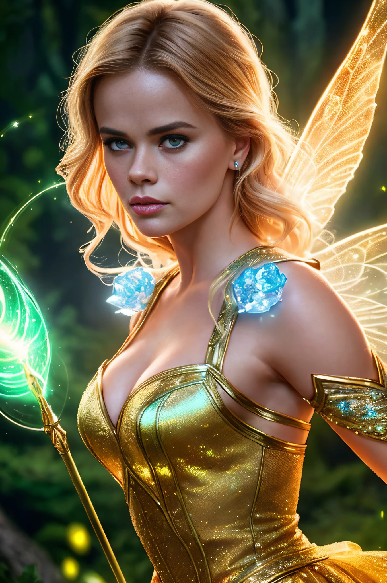 um close up de uma mulher, Alice Eve, cores vibrantes, cinematic scene, batom vermelho, em um vestido dourado segurando uma varinha de fada verde, arte fantasia behance, Artgerm Julie Bell Beeple, Margot Robbie como uma fada, Style of Art Digital of Epic Fantasy, arte digital de fantasia detalhada, arte de fantasia hiperrealista, Arte de fantasia 4k, arte de fantasia realista, amazing fantasy art, arte digital de fantasia, estilo de arte de fantasia