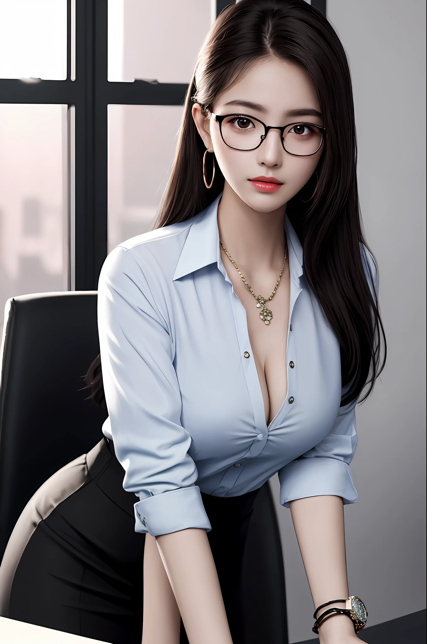Best quality, masterpiece, photorealistic:1.37, ultra high res, 8K raw photo, 1girl, 19 years old, korean, glasses, beautifull face, beautifull eyes, long hair, black hair, medium breast, secretary outfit, (erotic pose:1.3), seductive, bracelet, jewelry, looking at viewer, in the office, high detailed skin, pore, detailed background, 8k uhd, dslr