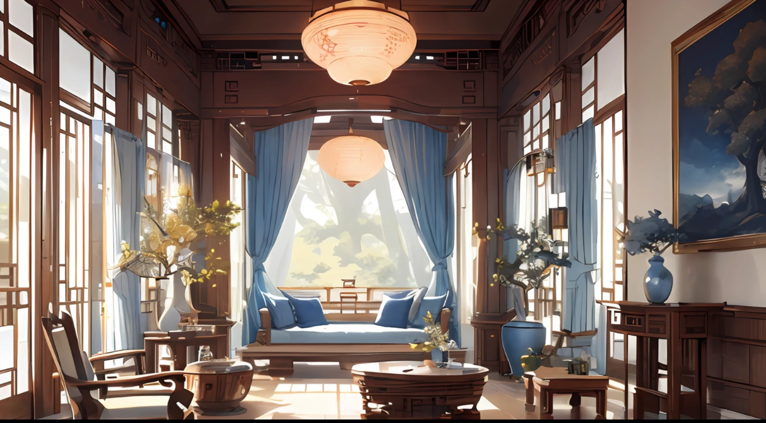 (antique interior design), Chinese home furnishings, round porch, depth, symmetrical design, ((antique carved door beams, carved beam paintings, tables and chairs, bonsai, vases, porcelain, trees, flowers, Chinese lamps, embroidery, screens, beds, cushions, blue sand curtains)), exquisite home, rich details, ancient Chinese Ming Dynasty style, quiet and elegant atmosphere, blue tones as the keynote, exquisite and soft painting style, cinematic lighting effects, HD picture quality, soft light, Tyndall effect, dreamy, rich details, Reference Gu Kaizhi, 32k, high quality, high resolution, (very detailed CG unity 8k wallpaper)