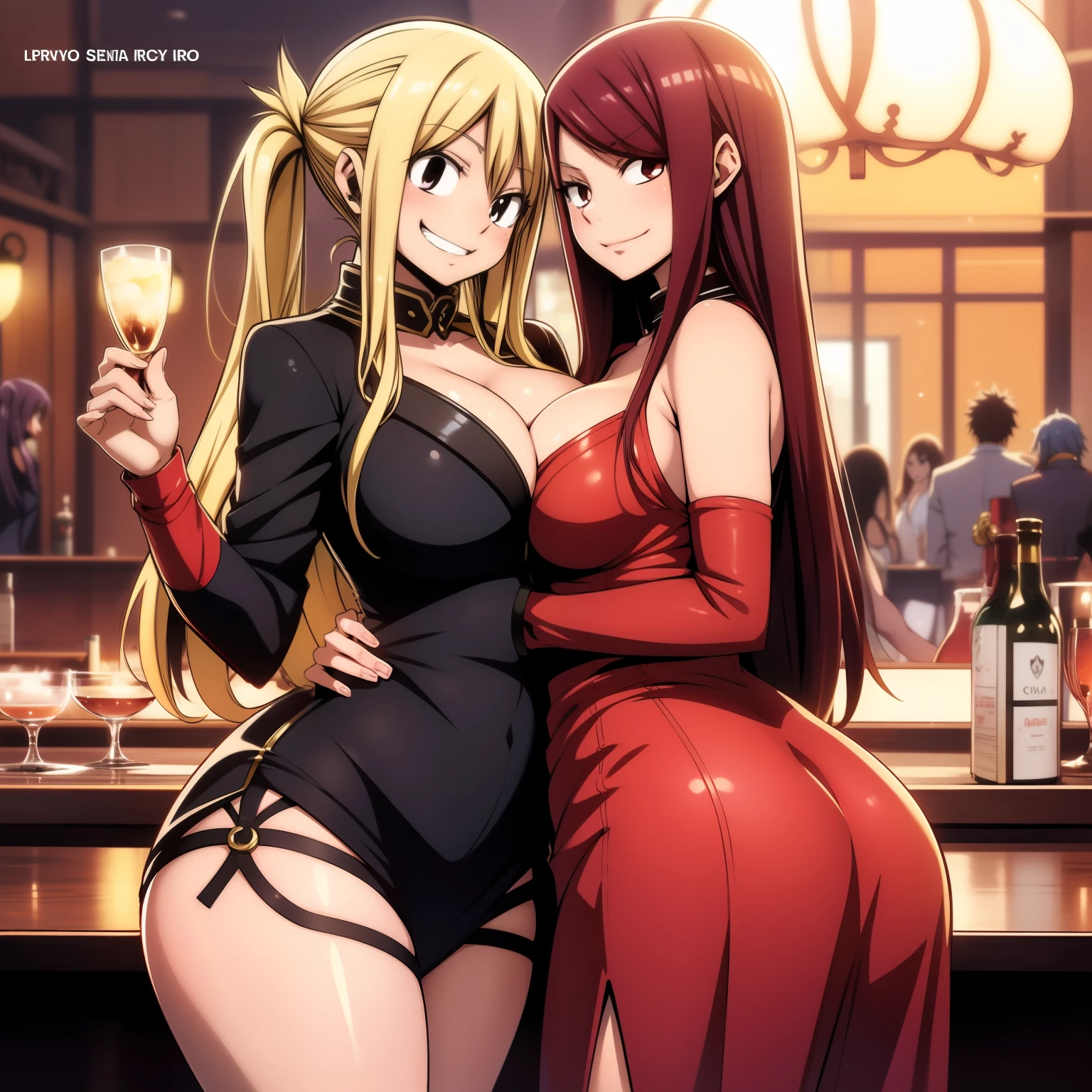 2******s Lucy e erza, Escarlatina, Lucy Heartfilia, lucy Vestido preto , Erza vestindo roupa social formal, em cima de um palco com varias pessoas olhando, mao na bunda, romance, sexy, Lucy e erza Juntas, pernas grossas, Lucy Heartfilia dominando erza, Scarlet Fever Embracing Lucy Heartfilia, romance, sensual, vestir, apaixonadas, beijando, agarradas, Lucia Kissing erza, sexy, sentado, Estilo anime Fairy tail, cauda de fada, anime cauda de fada