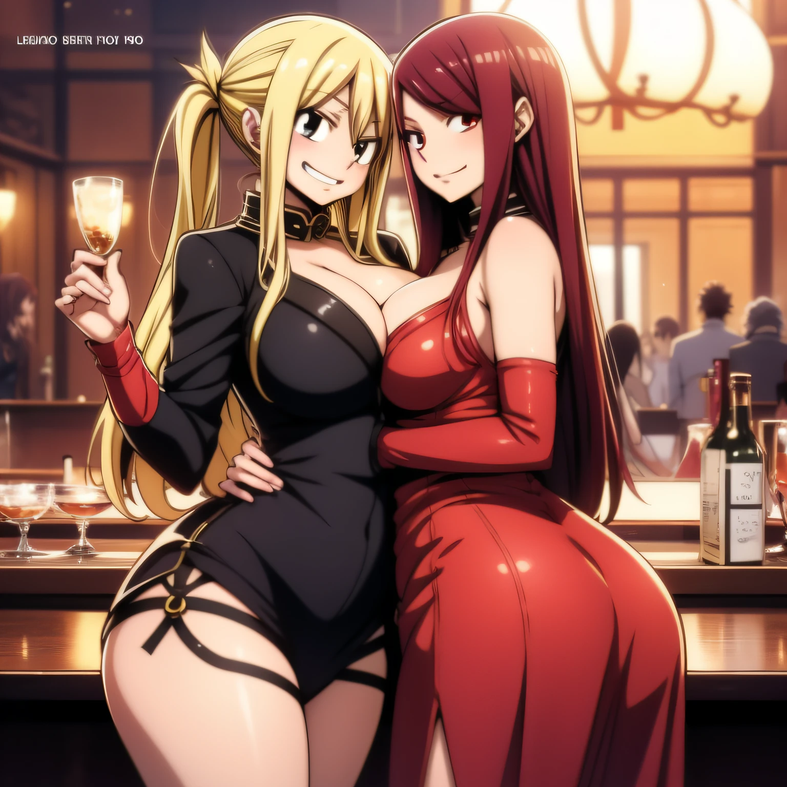 2Meninas Lucy e erza, Escarlatina, Lucy Heartfilia, lucy Vestido preto , Erza vestindo roupa social formal, em cima de um palco com varias pessoas olhando, mao na bunda, romance, sexy, Lucy e erza Juntas, pernas grossas, Lucy Heartfilia dominando erza, Scarlet Fever Embracing Lucy Heartfilia, romance, sensual, vestir, apaixonadas, beijando, agarradas, Lucia Kissing erza, sexy, sentado, Estilo anime Fairy tail, cauda de fada, anime cauda de fada