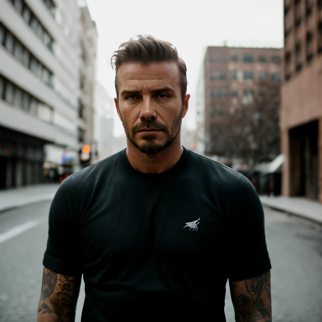 RAW photo, a close up portrait photo of brutal 45 y.o man in wastelander clothes, long haircut, pale skin, slim body, background is city ruins, (high detailed skin:1.2), 8k uhd, dslr, soft lighting, high quality, film grain, Fujifilm XT3, david-beckham,