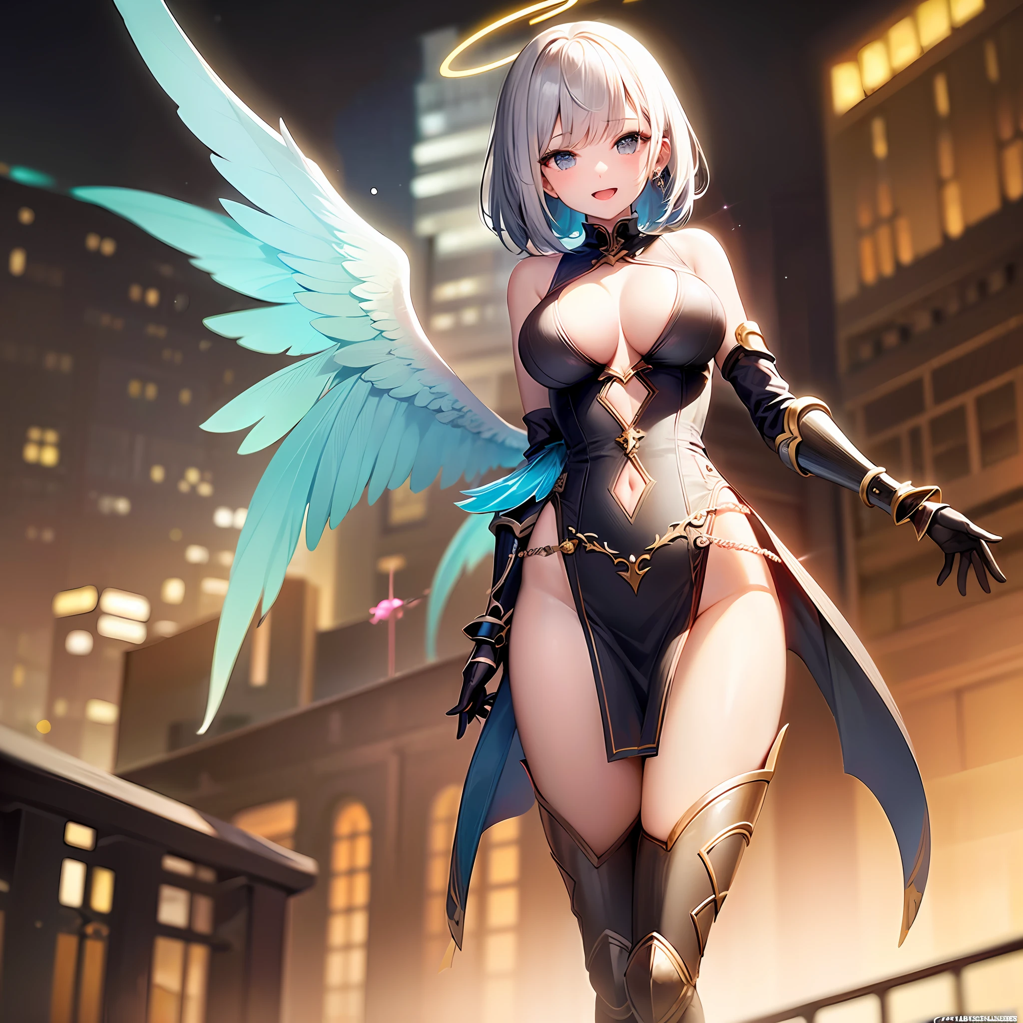 fantasy, 1angel_girl,child, loli,black_color_hair, medium_bob_hair, long_bangs, halo,bare_shoulder,thighhighs,(shiny_silver_armor:1.1), waist_armor, large_breasts,smile,open_mouth,1pair_wings, dynamic_ pose_fighting,floating, bare_crotch, covered_nipples, covered_pussy,headgear,gauntlet, greaves, pelvic_curtain, city_sky_background,slightly_spread_legs, solo, groin_naked,(masterpiece, best quality, best quality, official art, beautiful and aesthetic:1.2), (1 girl), very detailed,