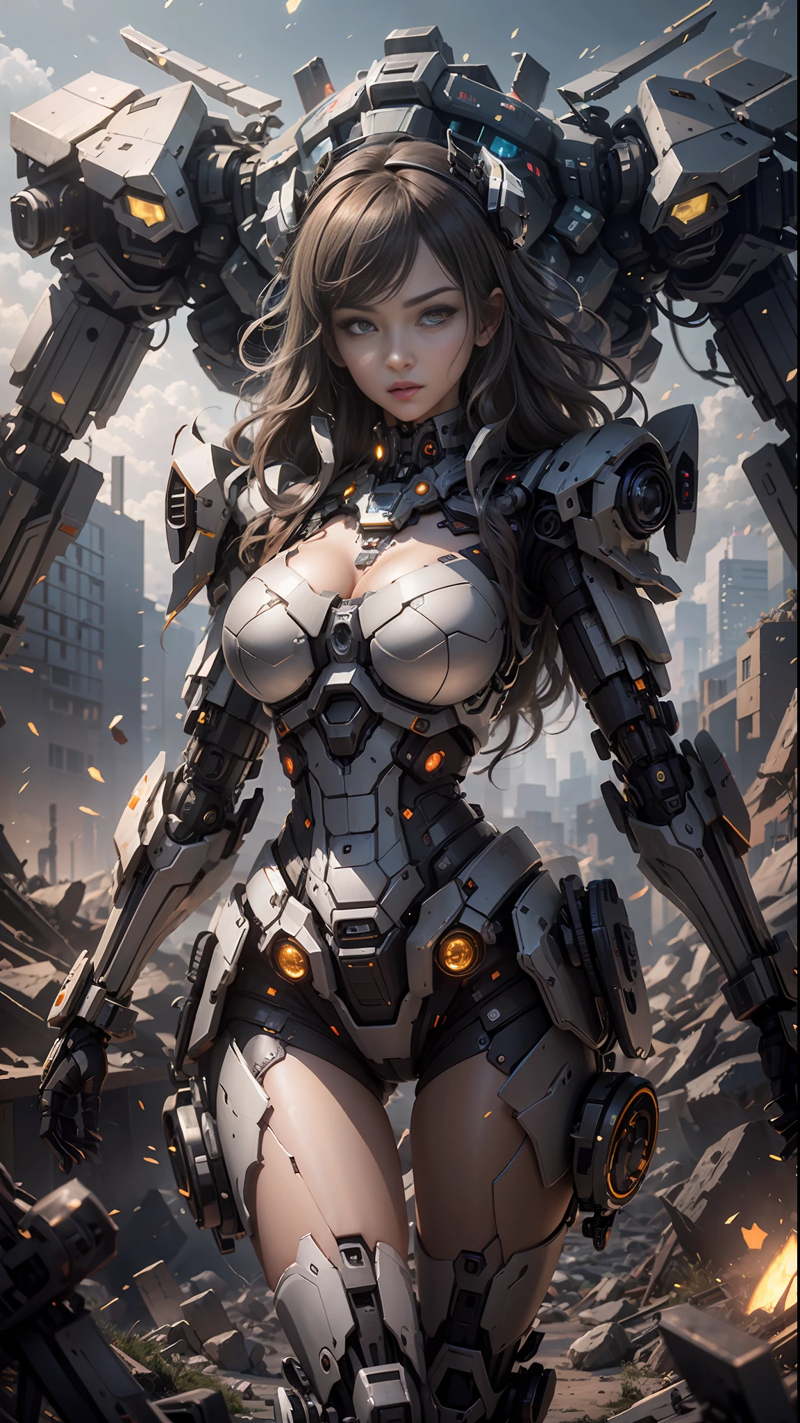 ((Best Quality)), ((Masterpiece)), (Very Detailed: 1.3), 3D, Shitu-mecha, Beautiful cyberpunk woman wearing crown with her mecha in ruins of a city in forgotten war, long silver hair, sci-fi technology, HDR (High Dynamic Range), ray tracing, nvidia RTX, super resolution, unreal 5, subsurface scattering, PBR texture, post-processing, anisotropic filtering, depth of field, maximum sharpness and sharpness, multi-layered texture, Albedo and specular mapping, surface shading, accurate simulation of light-material interactions, perfect ratios, octane rendering, duotone lighting, low ISO, white balance, rule of thirds, wide aperture, 8K RAW, high efficiency sub-pixels, subpixel convolution, luminous particles, light scattering, Tyndall effect