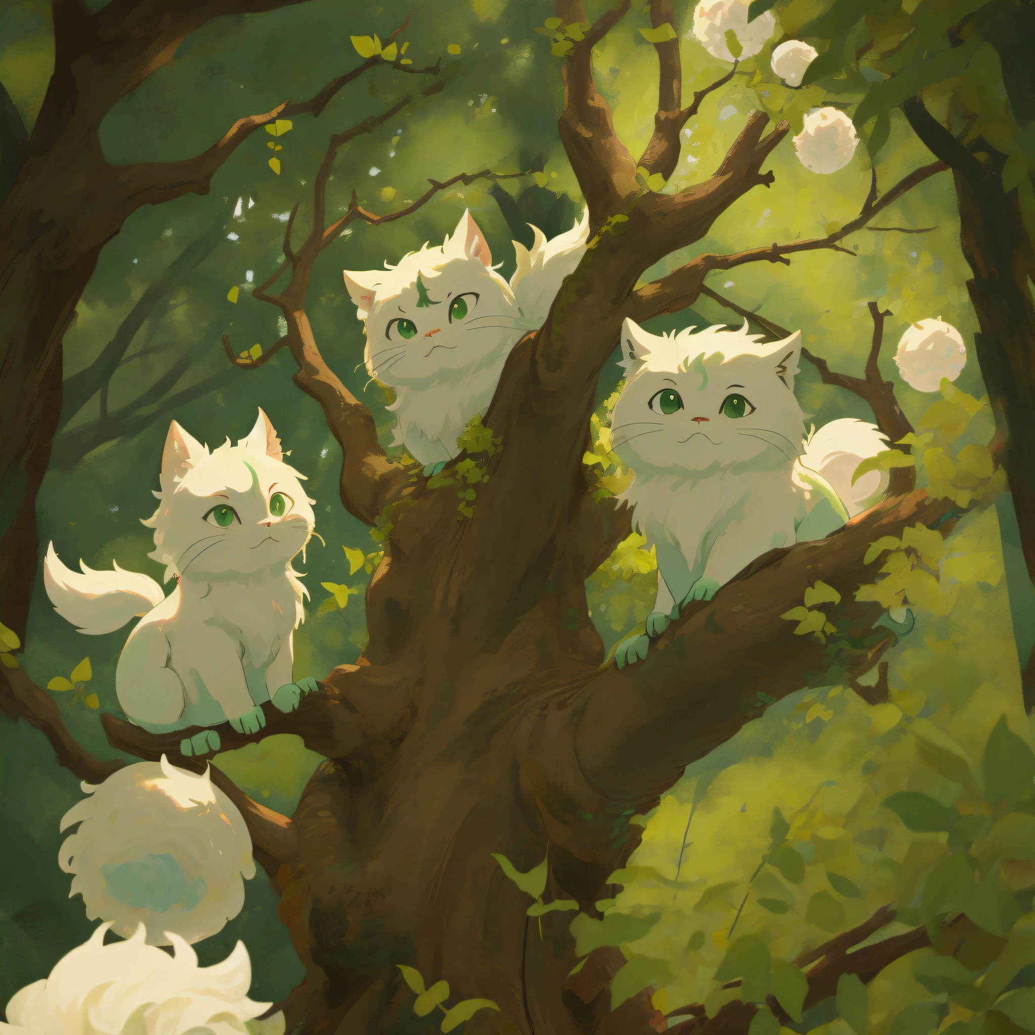 Fluffy cute ball that is a forest, luminescent light green eyes, various shades of green fluff, branches, bark, alive, masterpiece, best quality, ((In Studio Ghibli style))