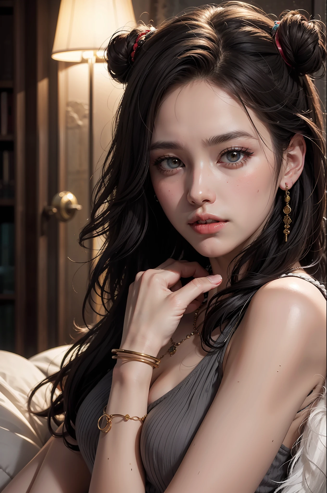 1girl, waist up, art by Ian Davenport,art by Cecily Brown,  concept art, Portait of a Moody [shu qi:Jennifer Lawrence:5], wearing Eclectic Fur Fringe top, Ruff, Anklet, Makeup, Cosy, loop lighting, 80mm, official art, unity 8k wallpaper, ultra detailed, aesthetic, masterpiece, best quality, photorealistic