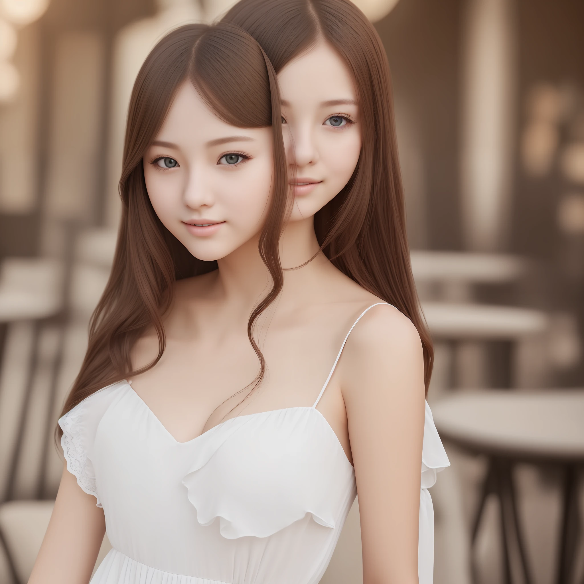 1girl, a 1 girl、beautifulface, (realistic photograph:1.4), (High detail skin:1.3), 8K UHD, DSLR, hig quality, a highres,Open Cafe、Dress with cleavage visible、Ultra high definition white skin、kawaii、17yearsold、 --auto