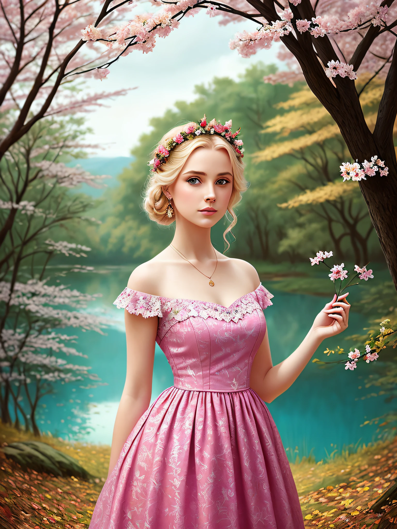1girl, against_tree, autumn, autumn_leaves, bare_tree, blonde_hair, blue_eyes, branch, breasts, bush, cherry_blossoms, dress, earrings, flower, forest, garden, jewelry, lake, looking_at_viewer, nature, outdoor, palm_tree, pink_flower, pond, soil, standing, tree
a painting of a woman in a pink dress standing in a forest by a lake with flowers in her hair, Charlie Bowater, magic art gathering, a detailed painting, fantasy art, realistic, European woman, lace dress, princess dress, Victorian era