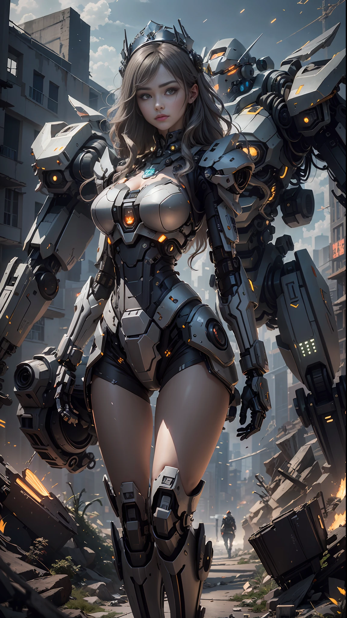 ((Best Quality)), ((Masterpiece)), (Very Detailed: 1.3), 3D, Shitu-mecha, Beautiful cyberpunk woman wearing crown with her mecha in ruins of a city in forgotten war, long silver hair, sci-fi technology, HDR (High Dynamic Range), ray tracing, nvidia RTX, super resolution, unreal 5, subsurface scattering, PBR texture, post-processing, anisotropic filtering, depth of field, maximum sharpness and sharpness, multi-layered texture, Albedo and specular mapping, surface shading, accurate simulation of light-material interactions, perfect ratios, octane rendering, duotone lighting, low ISO, white balance, rule of thirds, wide aperture, 8K RAW, high efficiency sub-pixels, subpixel convolution, luminous particles, light scattering, Tyndall effect