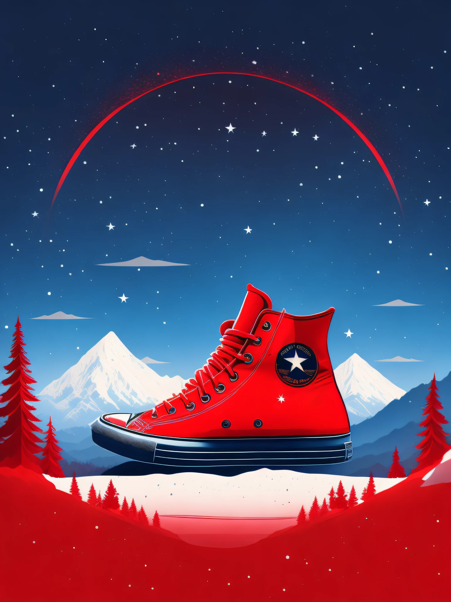 A red All Star sneaker in a winter landscape, T-shirt design, rzminjourney, vector art, double silhouetta