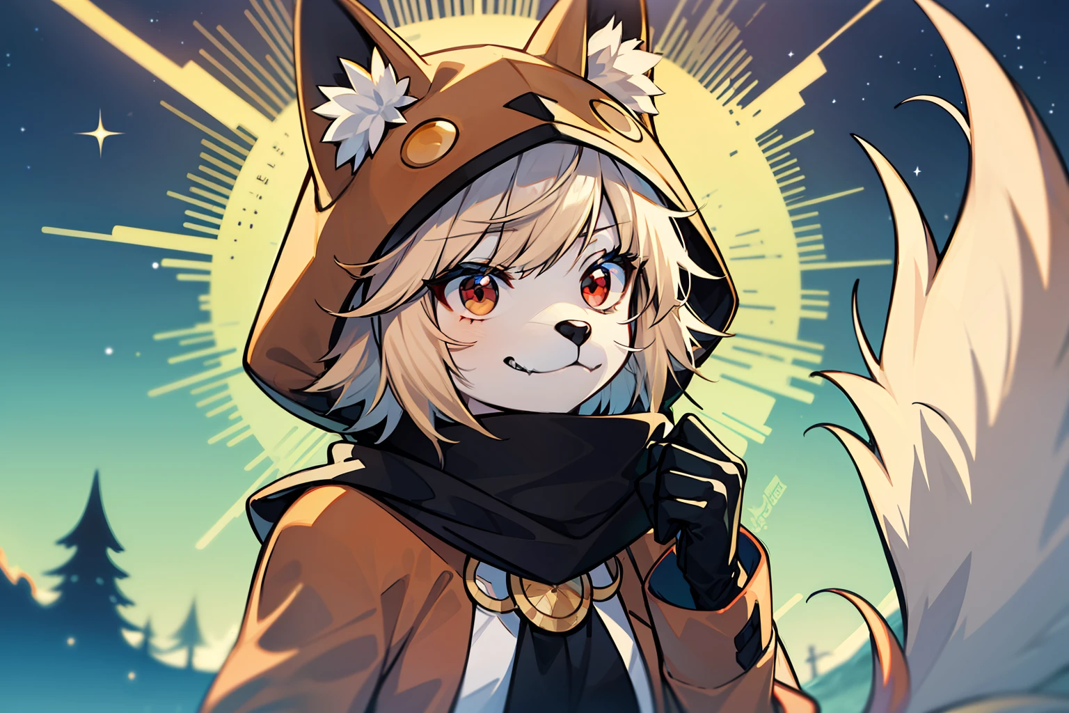 Fox Boy,Boy,was hairy,shaggy,Smoothes lashes,Skin fur,Golden fur,Short hair in men,Forelimb hands, solid circle eyes,Golden ears,Golden face fur , Short blonde hair,Red eyes,Super cute face,Brown elements on fur,Brown coat brown hood up,Ambient light,Ultra-fine fur,volumettic light,Night,natural day light,fox tails,Fluffy tail,furries wearing tails,nevando,Night,A sky full of stars,seawall,crossed bangs, hair strand, Shiny hair,Empty eyes,35mm,sharp talons。High quality, high detailled, Best quality, Ultra HDR, Dark brown gloves,Red and black diamond scarf,individual ,half-body