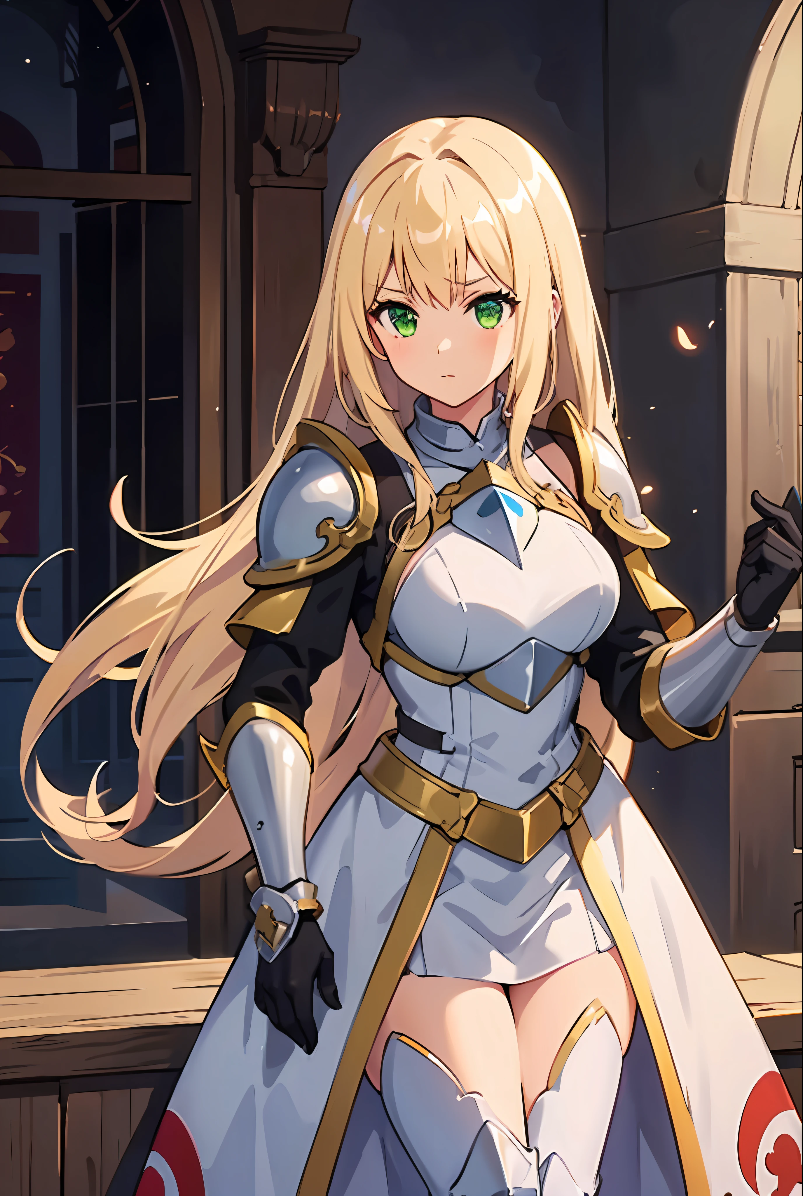 1Girl, blonde hair long_hair, green eyes, medium_breasts, Guild Clothes with Armor, Masterpiece, absurdo, ultra detalhado, ultra qualidade, Ultra resolution, 16k