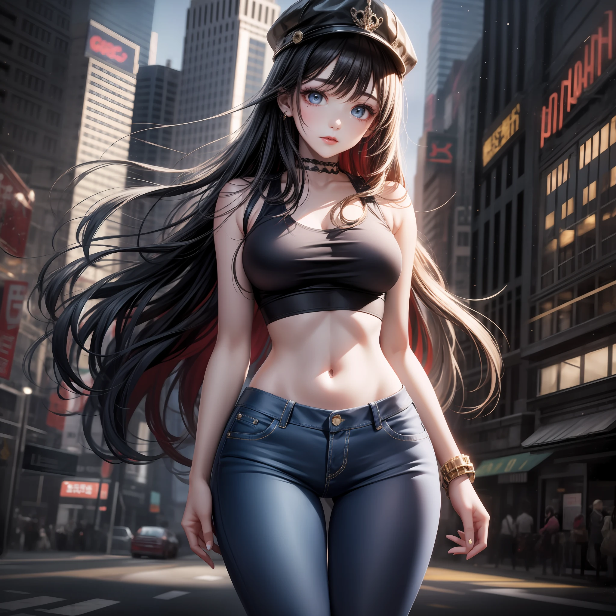 Bustling metropolis,A beautiful girl high school student,With a hat on,The Masterpiece,Light makeup,Flaming red lips,very long flowing hair。super fine details,masterece-piece,Authentic texture,Cinematic lighting realism,perfect works,8K,high-definition,Delicate facial features。Powder blue close-fitting T-shirt,skinny jeans,Pear-shaped body。Rounded buttocks,Slender little man's waist,Sexy,Vest line,fcollarbone,large bright eyes,Smooth skin,eardrop,tattooed,Short cute beautiful legs。A beautiful and delicate cherry small mouth。Perfect waist-hip ratio。Peerless looks,Beauty in the world,The country is beautiful。