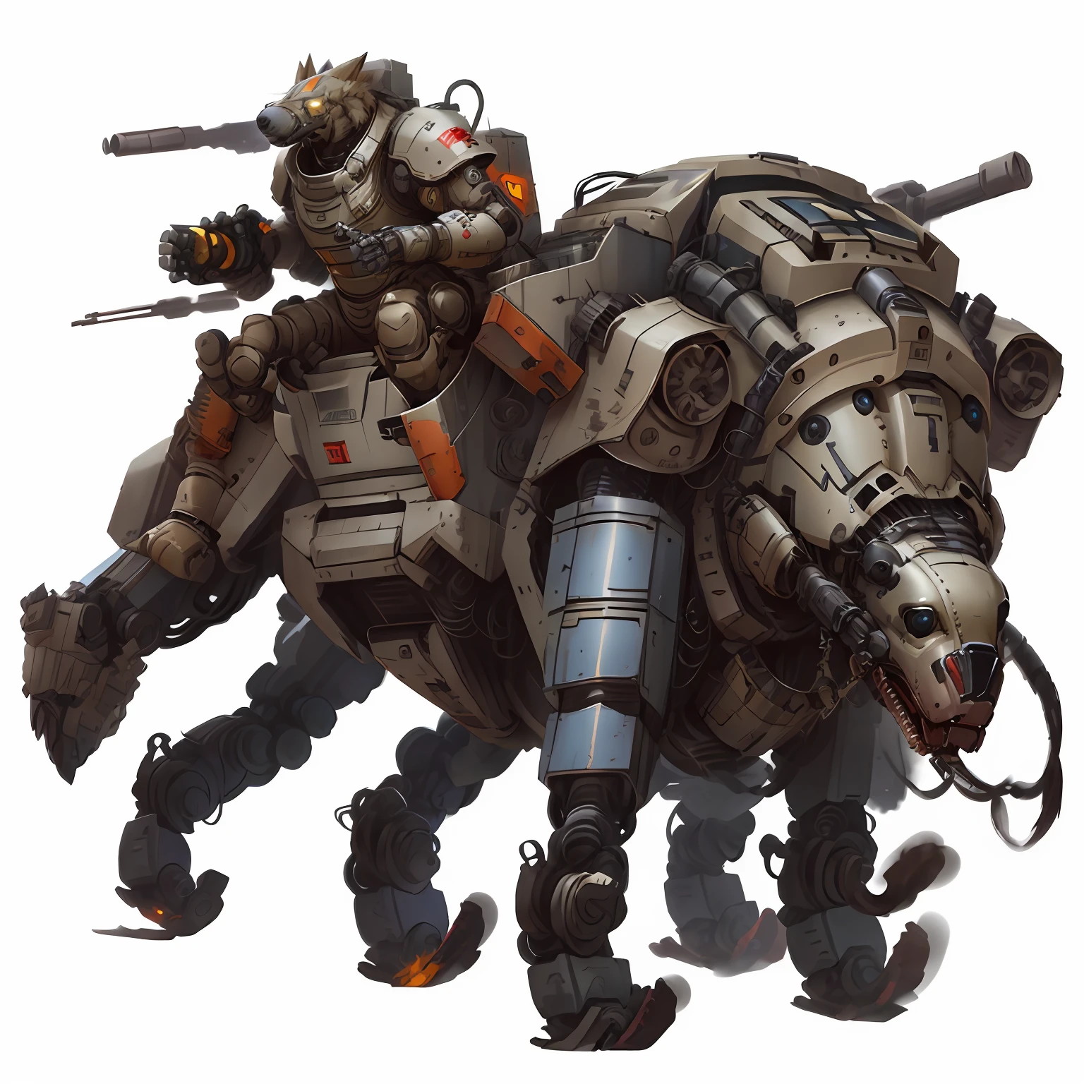 a close up of a robot riding a horse with a gun, mecha hound, mecha animal, good boy giant mecha wolf hound, apex legends concept art, mech, collosal mech, mecha concept art, gear mecha, zoids art, mechanized art concept, mech shaped like a manatee, Giant Mech, mega humanoid mech