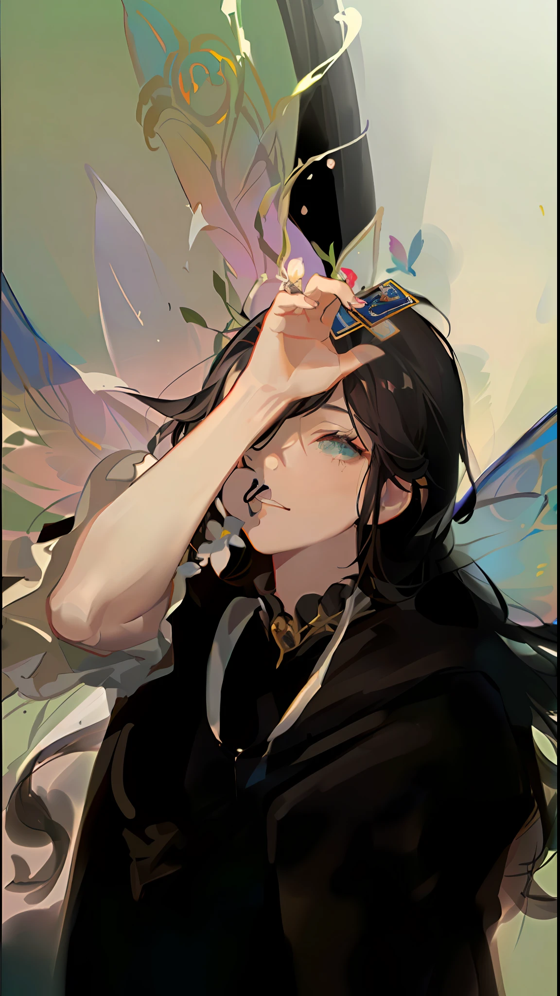 (Golden Ratio: 1.2), (Rose Graffiti: 1.2), (Glitch Color: 1.3), [(White Background: 1.4)::10], (Whole Body: 1.2), (Super Fine: 1.3), (Tarot :1.6),(Magician (Tarot):1.6),(Paper:1.2),(Fairy:1.6),(Fairy Wings:1.2),Full Body, Hanging,(Cool:1.2),(Red Long Hair ),(butterfly hair accessory),(flower hair accessory: 1.0),((sandals,Locket)),(colored cocktail dress: 1.0)+(loose-sleeve jacket: 1.3)+(fluttering colorful tassels and ribbons :1.2 ),(white stockings: 1.2),(colored ink paper flowers: 1.2),(colorful flower sea: 1.3),(chaotic geometry: 1.3),(negative space: 0.8),(drawing board: 1.3 ), (Ether Color ink flow: 1.3)