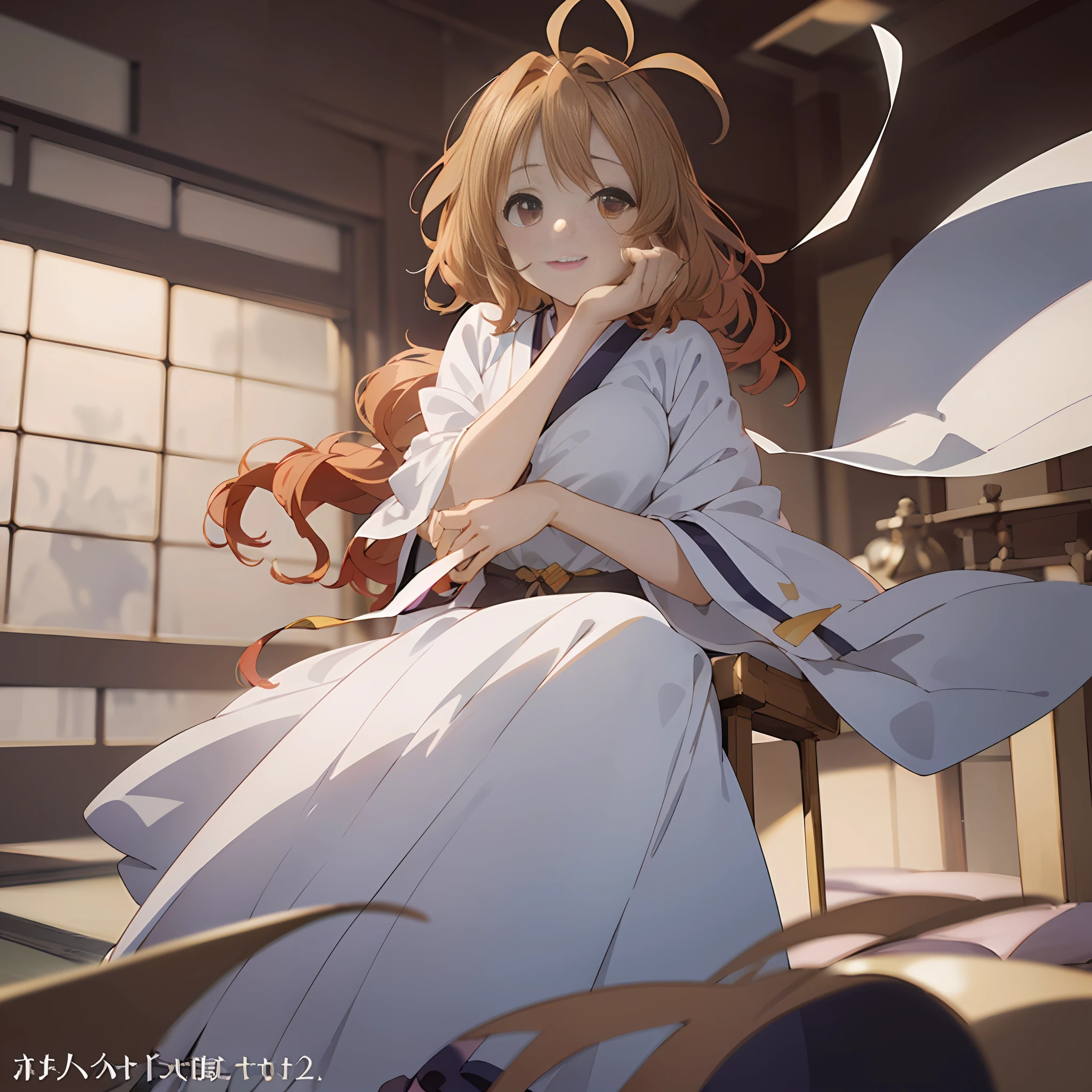 (超detailded、a highres、Kyoto Animation Style Anime Illustration、Top Quality Official Art Feature:1.6)、、Detailed beautiful face and eyes、Highly detailed body、Nice hands with very detailed hair、perfect hand、beautifull hands、(1girls:1.4)、(Chibi:0.8)、(kawaii:1.2)、(beauty woman:1.2)、(Big breasts beauty: 1.1)、(wicked smile: 1.2), elegence , (Idle face: 0.7), Floating hair, Ahoge,red hairs、Wavy semi-long, (Woman in white dress: 1.2), full full body,western building,parlor,Sitting in the president's chair