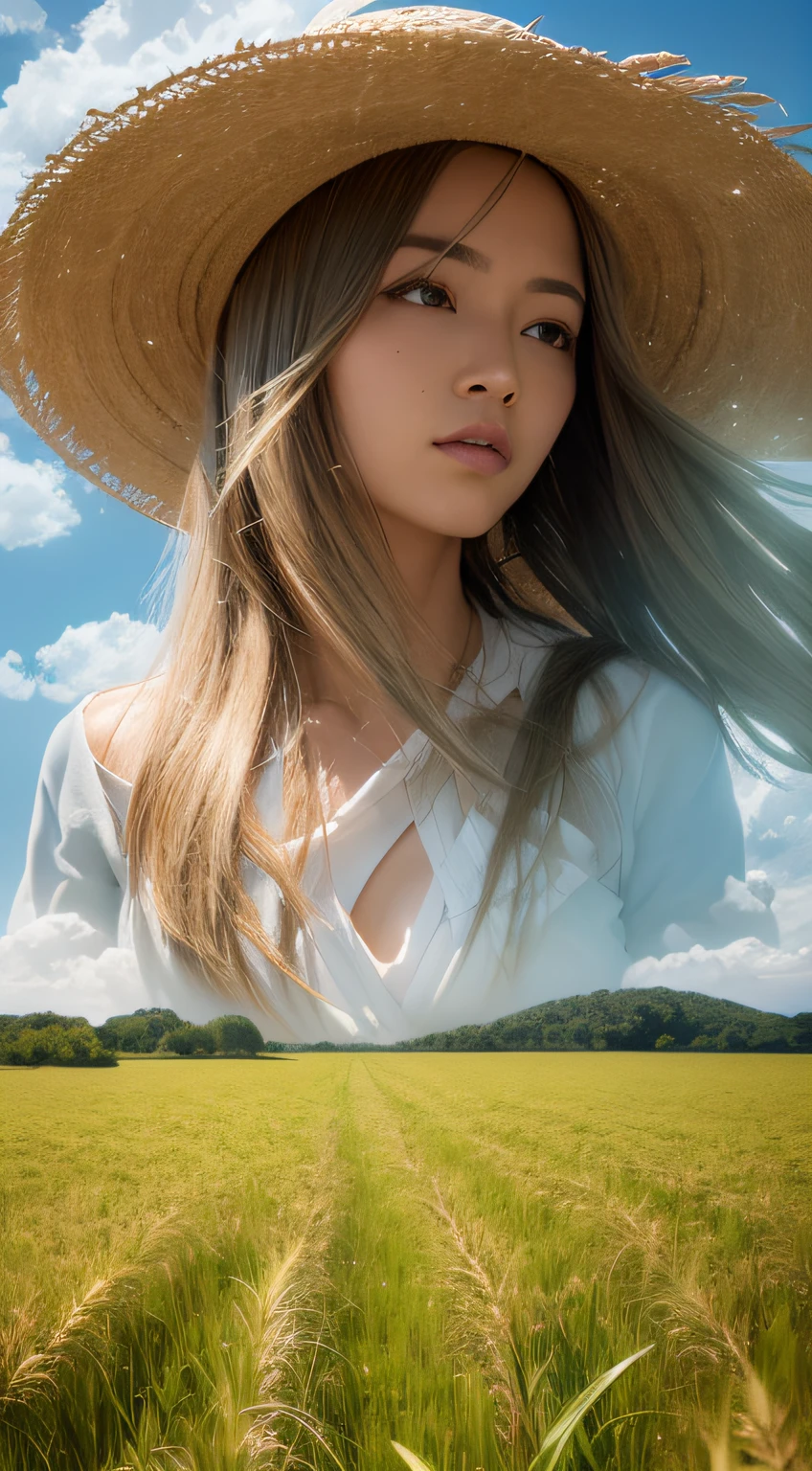 Ultra-fine, wheat field, woman in straw hat standing in wheat field, hair long swaying in the wind, big clouds, blue sky, rice field, neat rice saplings in the field, forest, hillside, secluded, countryside, HD detail, hyper detail, movie, surrealism, soft light, deep field focus bokeh, ray tracing, surrealism.