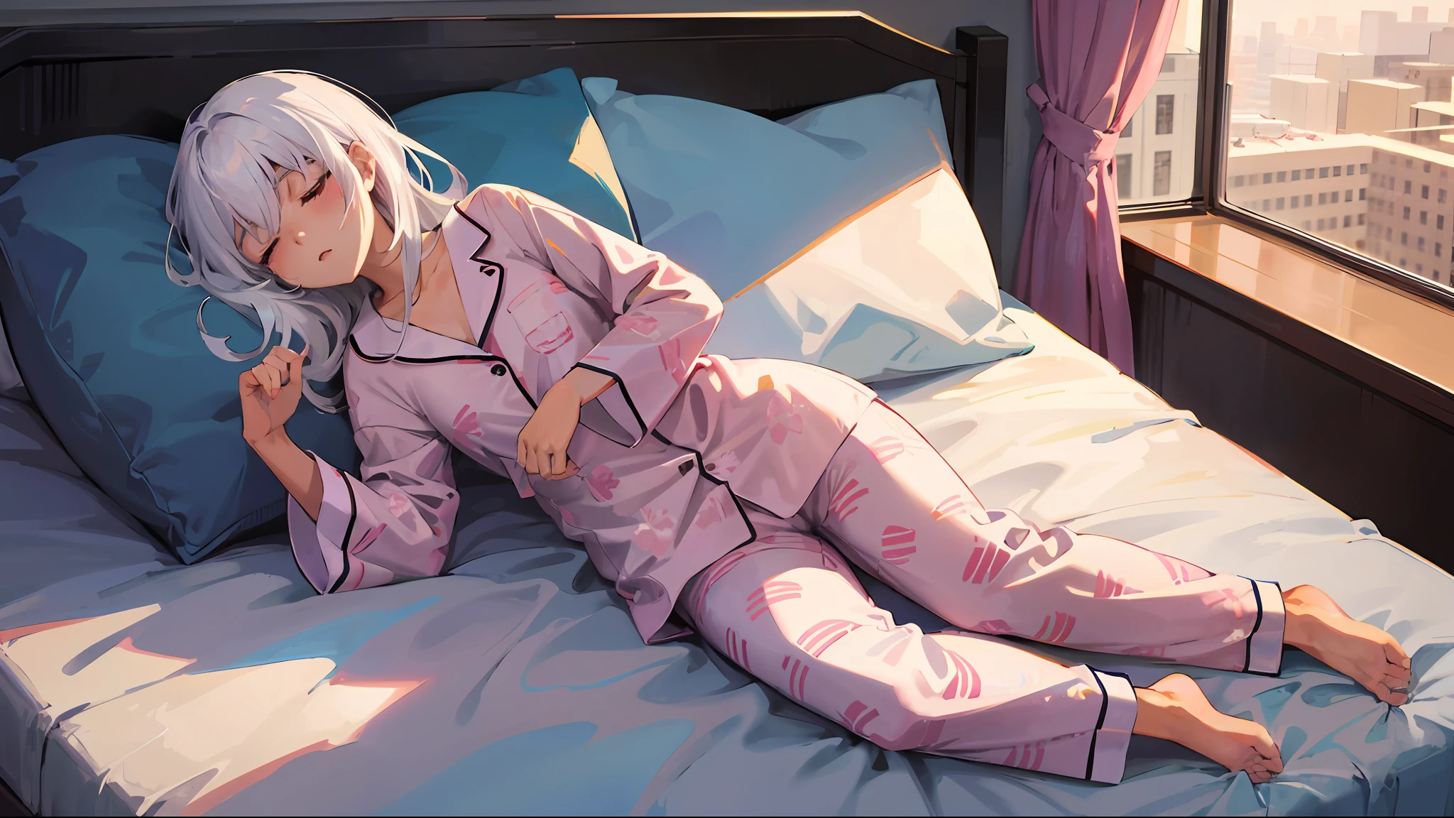4k, realistic, carismatic, very detail, there is a girl on bed, wearing pajama, she is sleepy, white theme, white hair, 25 years old, full body