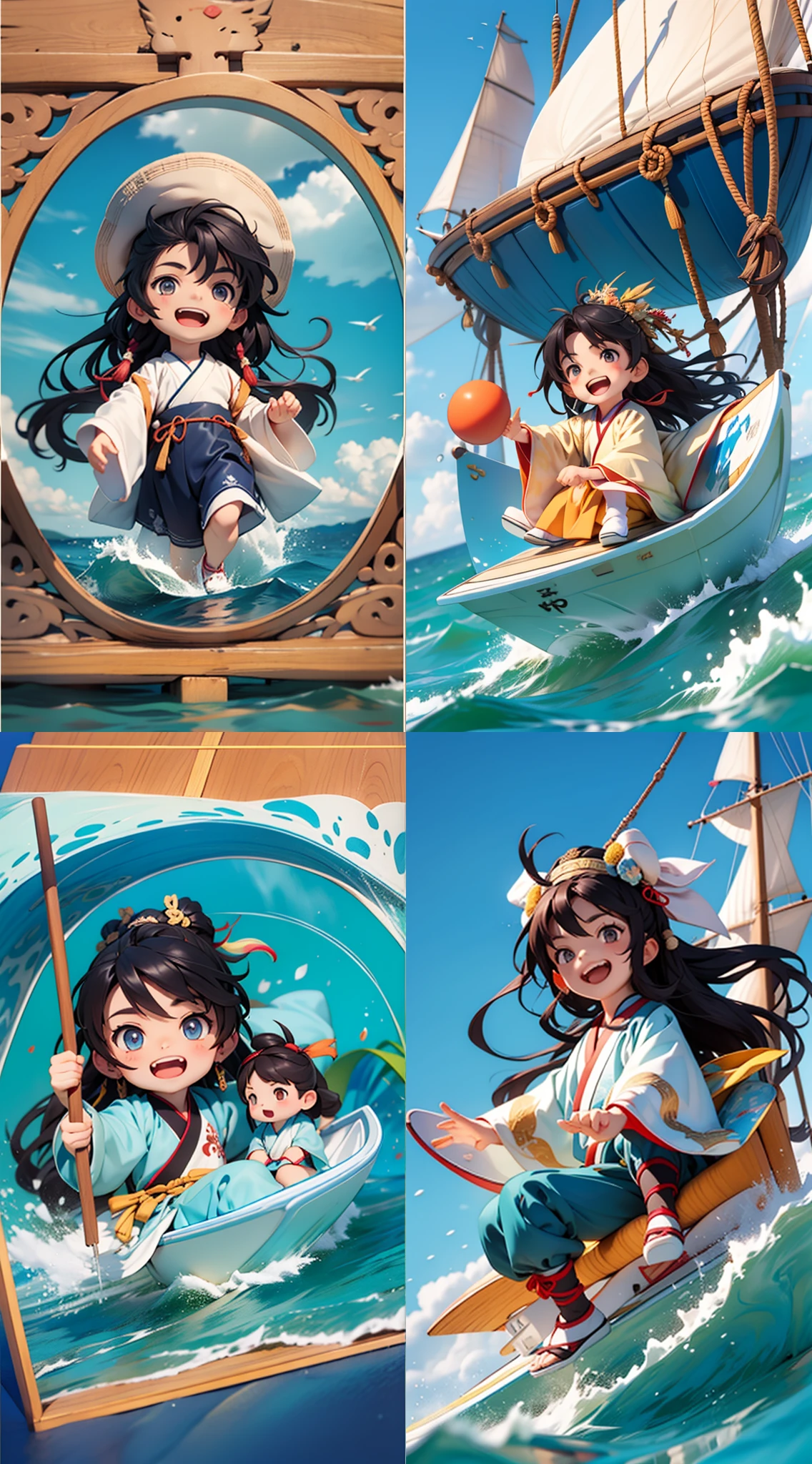 Full body，chibi，A little boy surfs on a sailboat on the sea，sailing ...