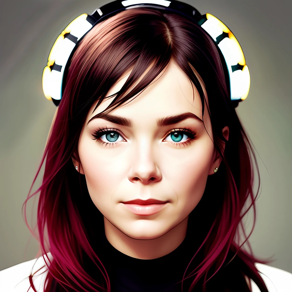 Bjork com os olhos castanhos rosto levemente arredondado cabelo curto vermelho escuro